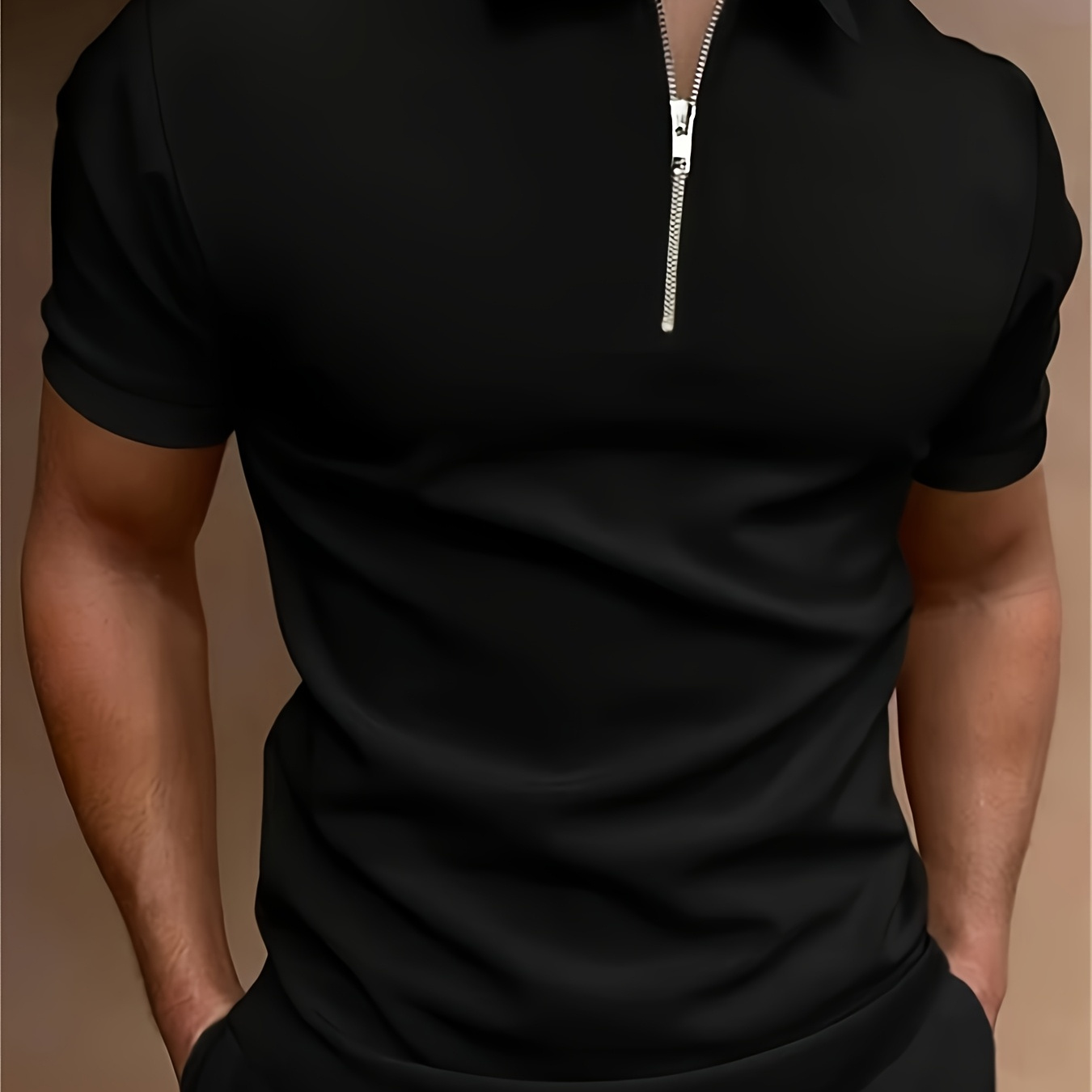 

Casual Stretch Men' Color Zipper Lapel Golf Shirt, Male Summer Streetwear