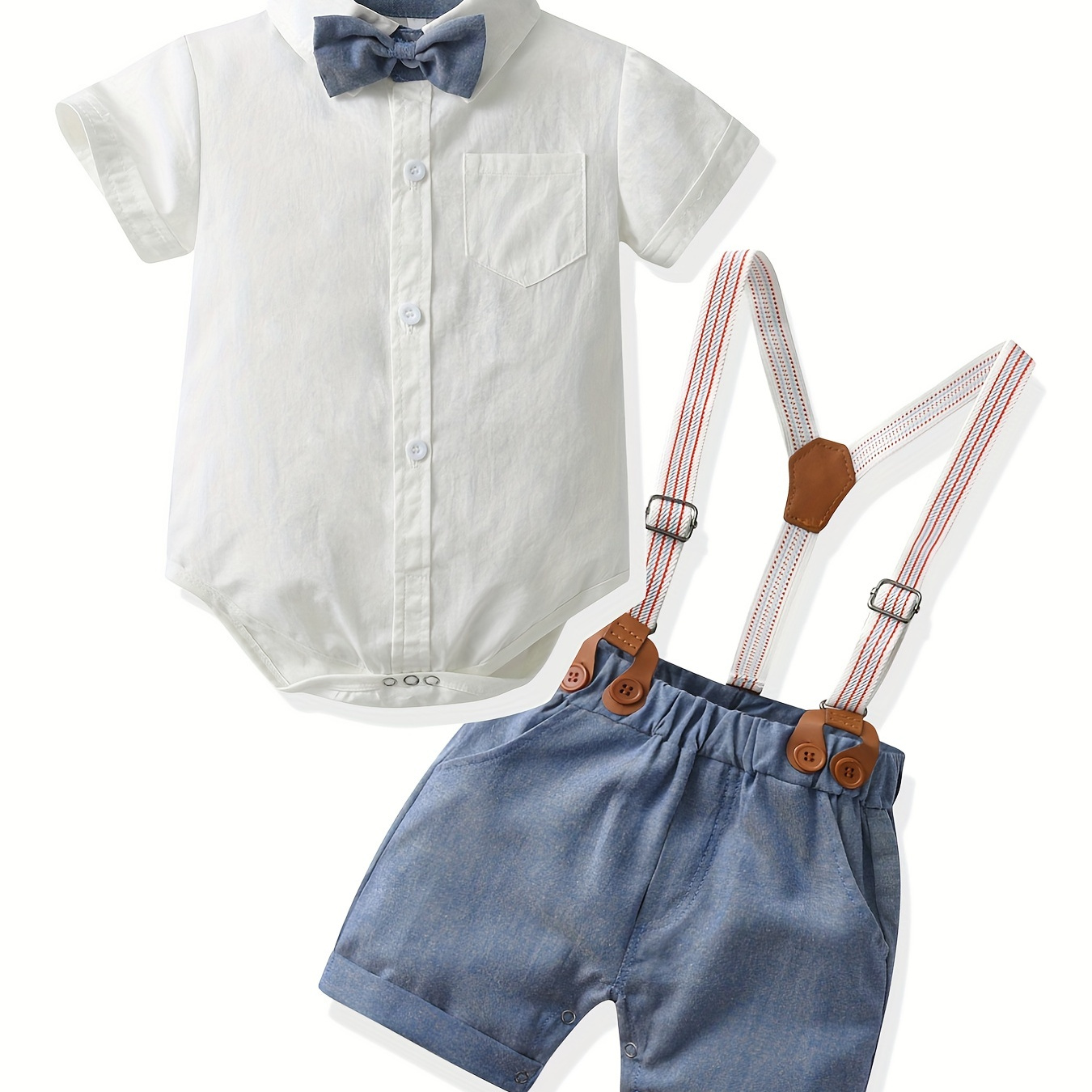 

Baby Boy New Summer Gentleman Style Set, Lapel Button Up Romper With Bow & Strap Tie Shorts Suit, Baby Holiday Dress Shorts Suit
