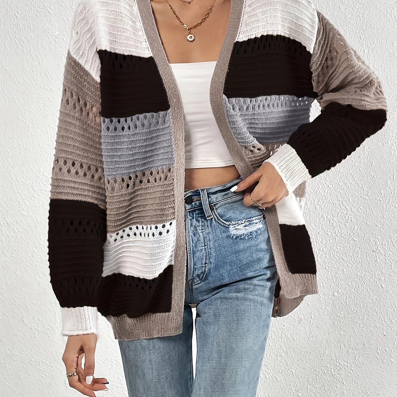 

Cut Out Color Block Knit Cardigan, Casual Long Sleeve Sweater, Women's Clothing