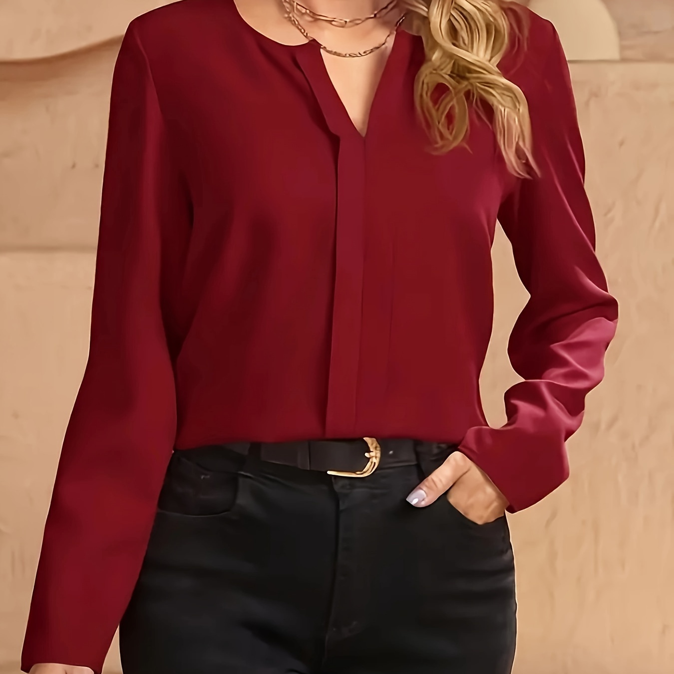 

Solid Color Notched Neck Blouse, Elegant Long Sleeve Blouse For Spring & Fall, Women's Clothing