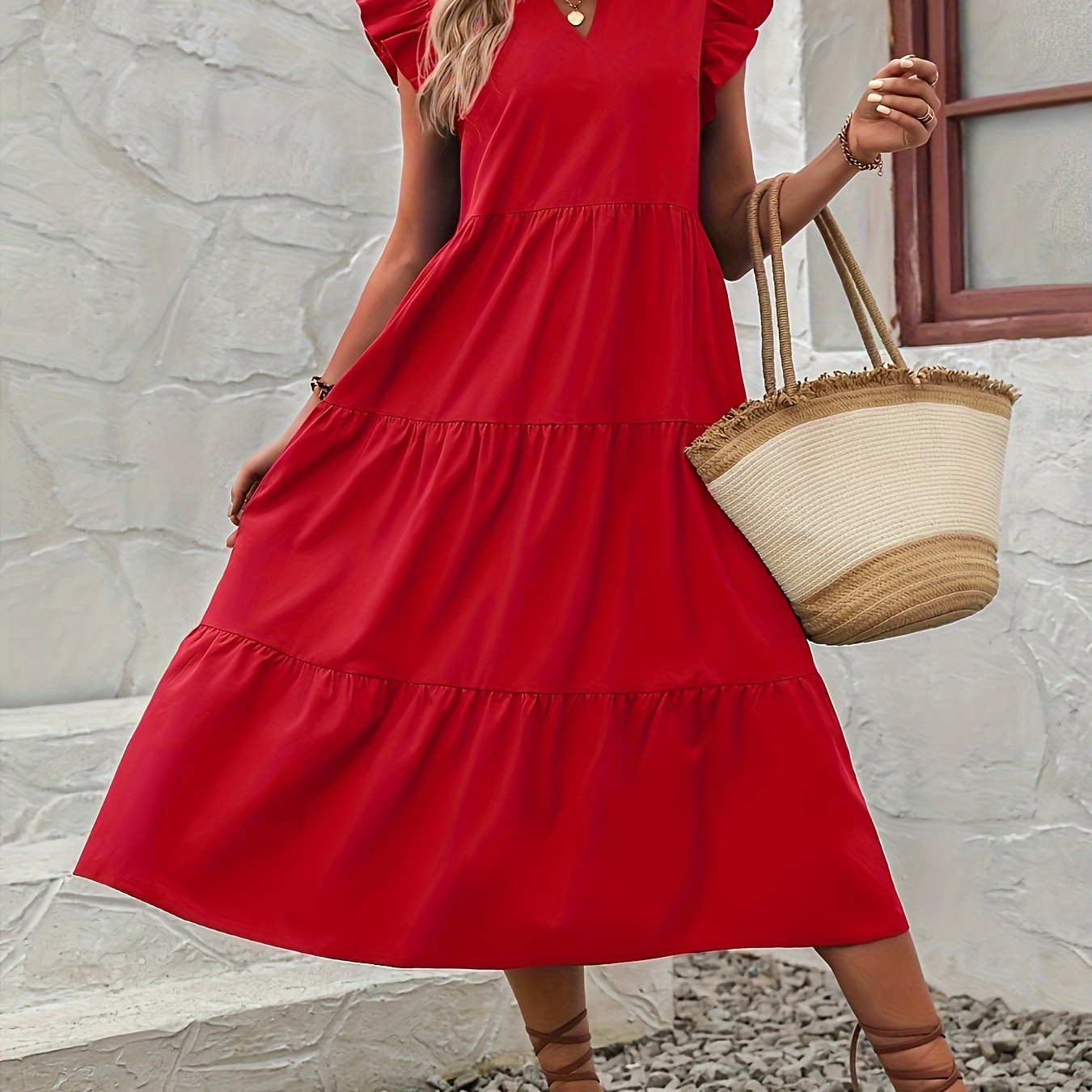 

1pc Elegant V-neck Tiered Swing Dress For Women - 100% Polyester Summer Fashion, Solid Color, Woven A-line Maxi Dress