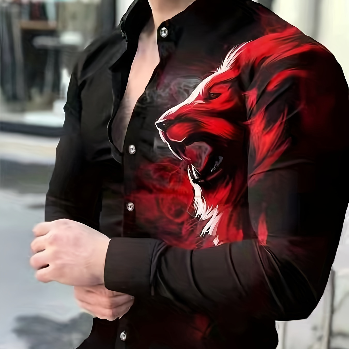 

Retro Roaring Lion 3d Digital Print Men's Long Sleeve Button Up Shirt, Spring Fall