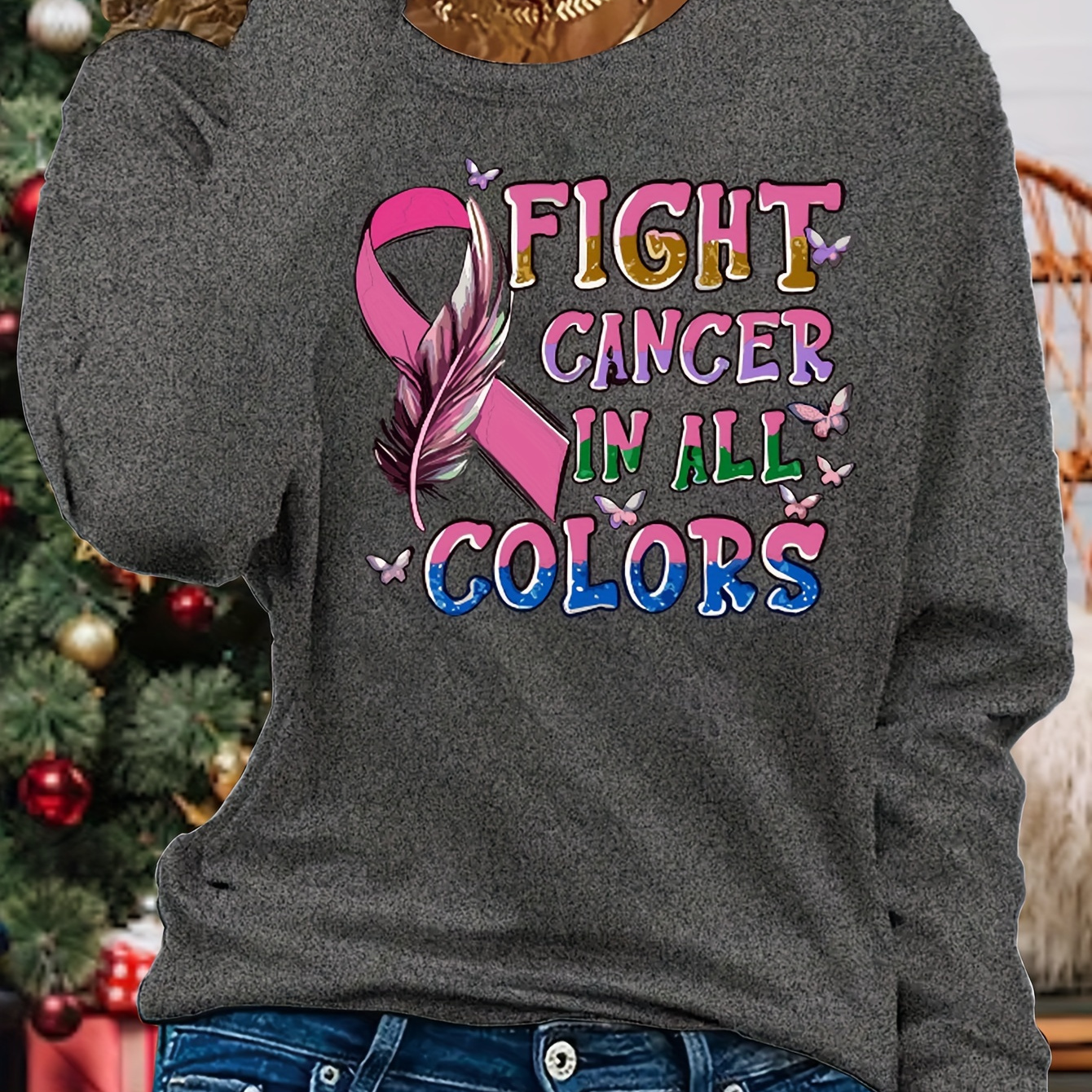 

Women's Casual Long Sleeve T-shirt With Round Neck - Polyester Knit Fabric, Regular Fit, Medium Stretch, Alphabet , "fight In " Print,