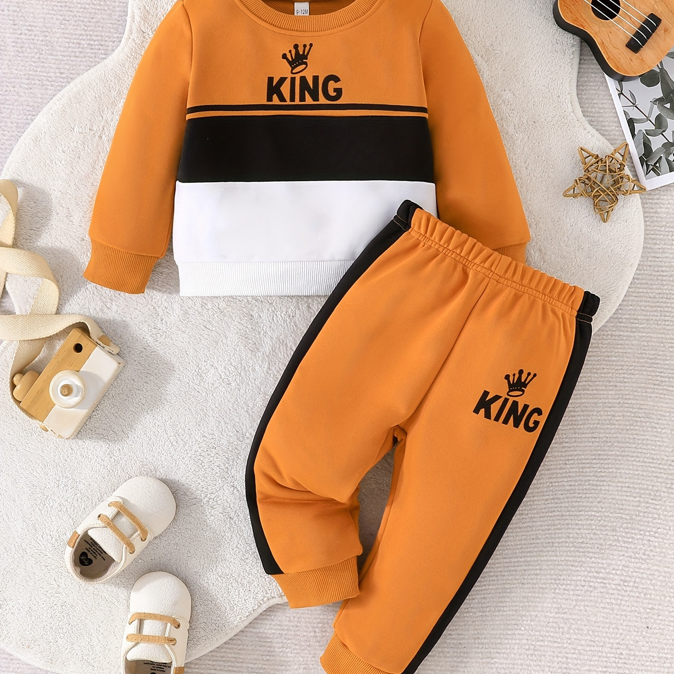 

King Print Color Block Pullover Sweatshirt & Pants For Baby Boys