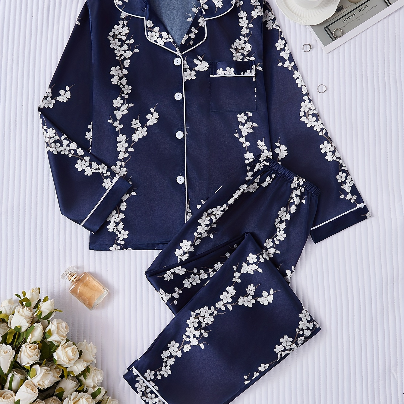 

Women's Floral Print Satin Pajama Set With Lapel Collar And Button Front - Basics Style, Woven Polyester (97% Polyester, 3% Elastane), , Pattered Long Sleeve Top And Pants Sleepwear Set