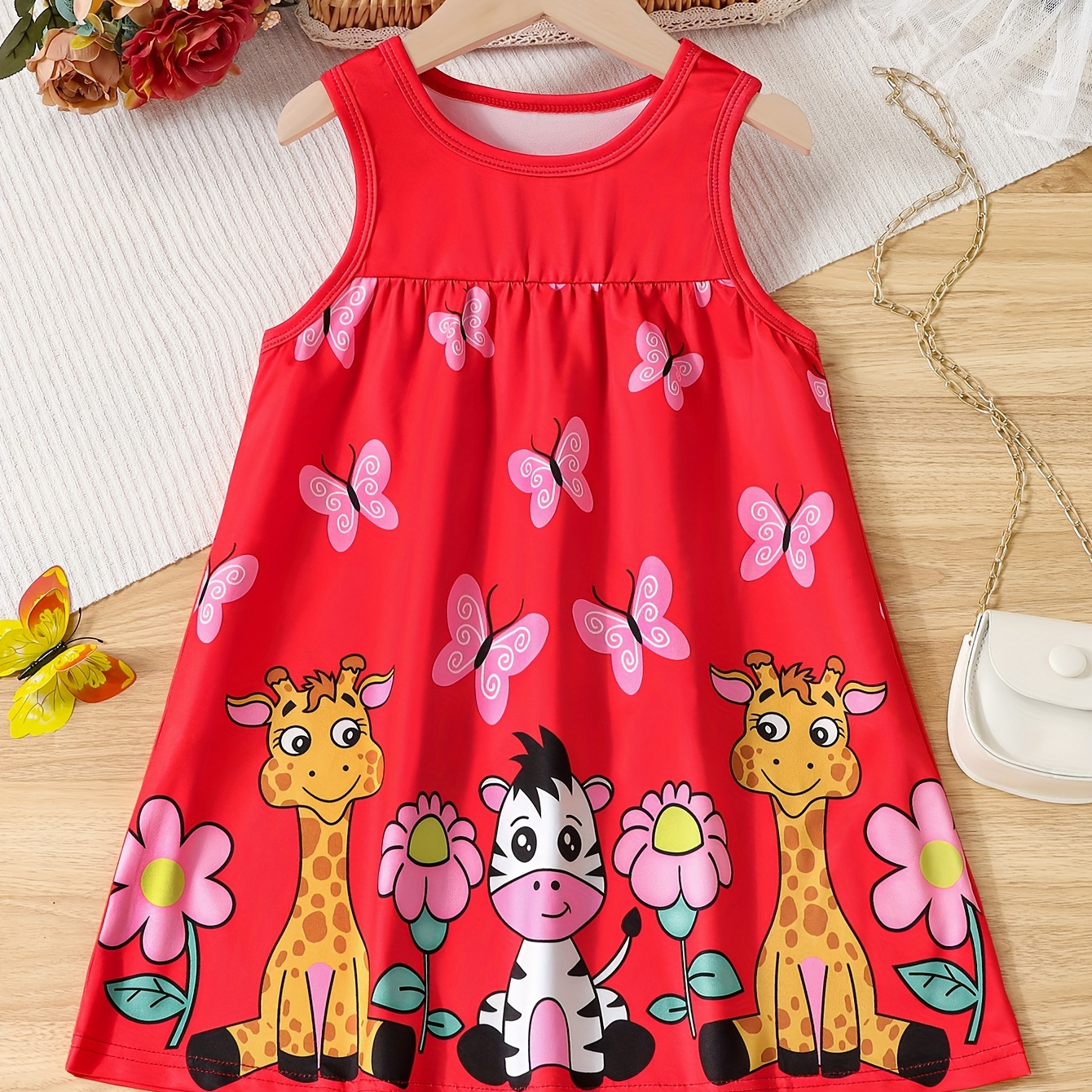 TEMU Sweet Girls Cute Cartoon Graphic Crew Neck Sleeveless Dress For Summer Party Gift