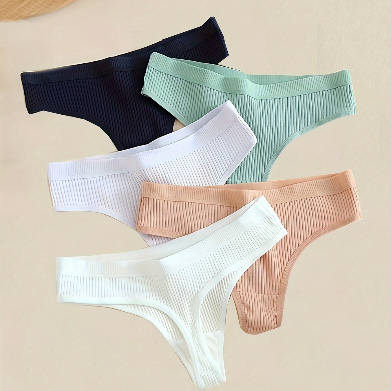 

5 Pcs Simple Solid Ribbed Thongs, Low Waist Intimates Panties, Women's Sexy Lingerie & Underwear