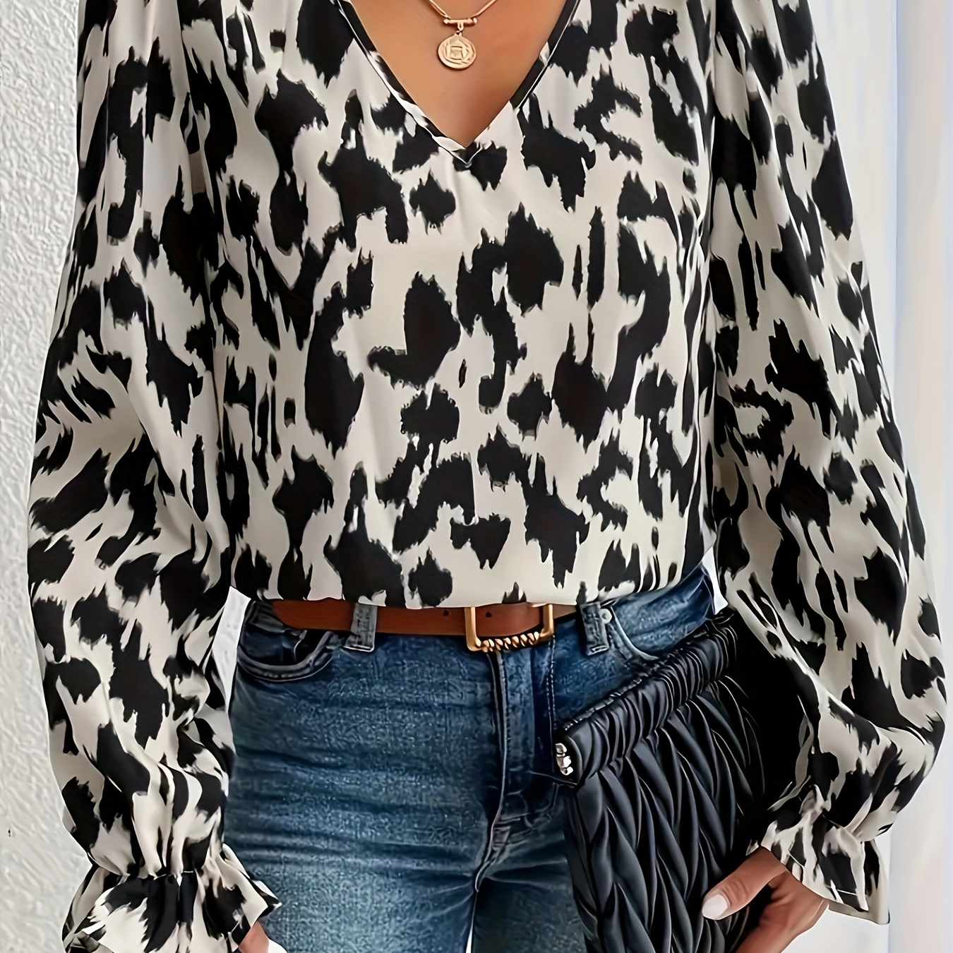 

Blouse à col en V à imprimé intégral, haut à manches longues de style vacances pour et , vêtements pour femmes