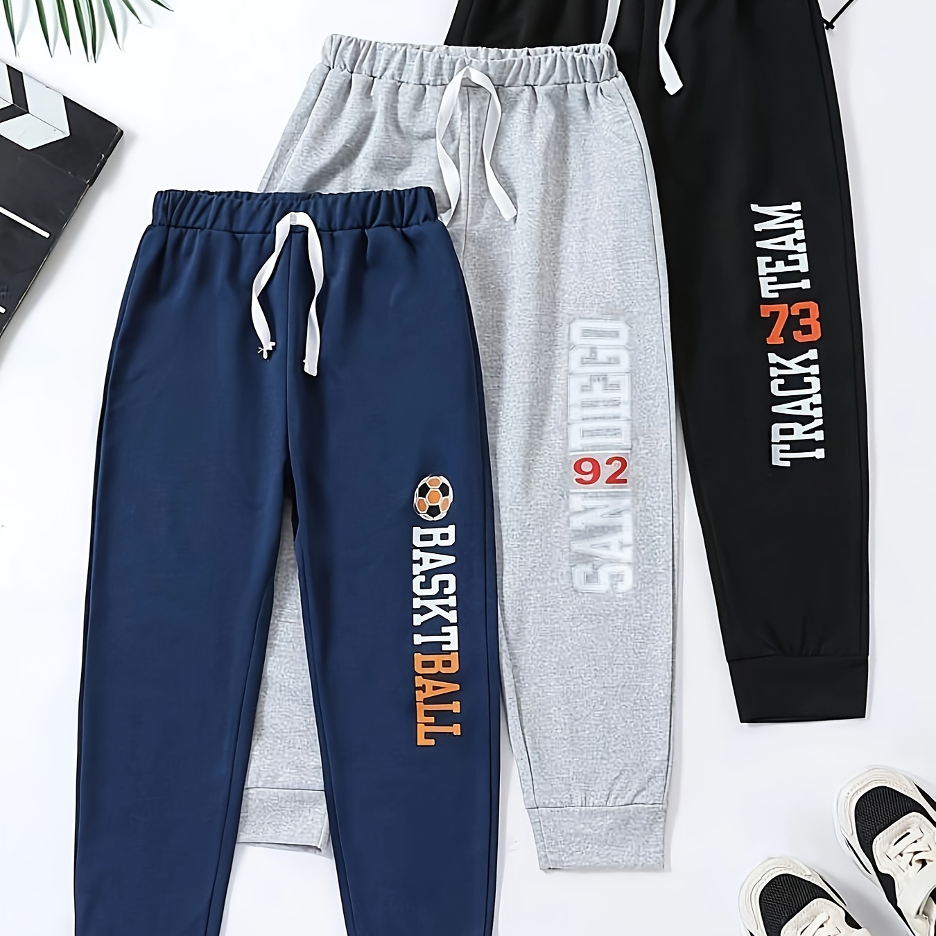 

Boy's Letter Printed Track Pants - 3 Pack Set For Casual Outdoor Activities