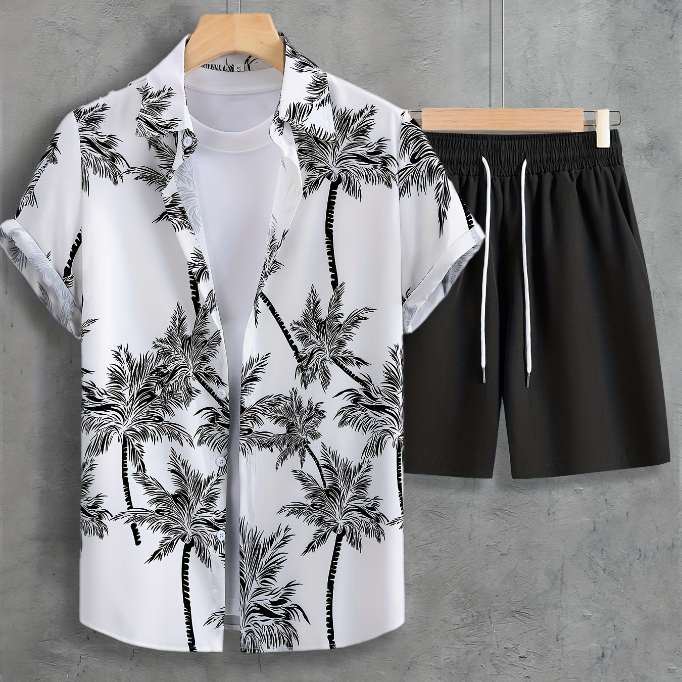 

Coconut Tree Print, Men's 2pcs Outfits, Casual Camp Collar Lapel Button Up Short Sleeve Shirts Hawaii Shirt And Drawstring Shorts Set For Summer, Men's Clothing