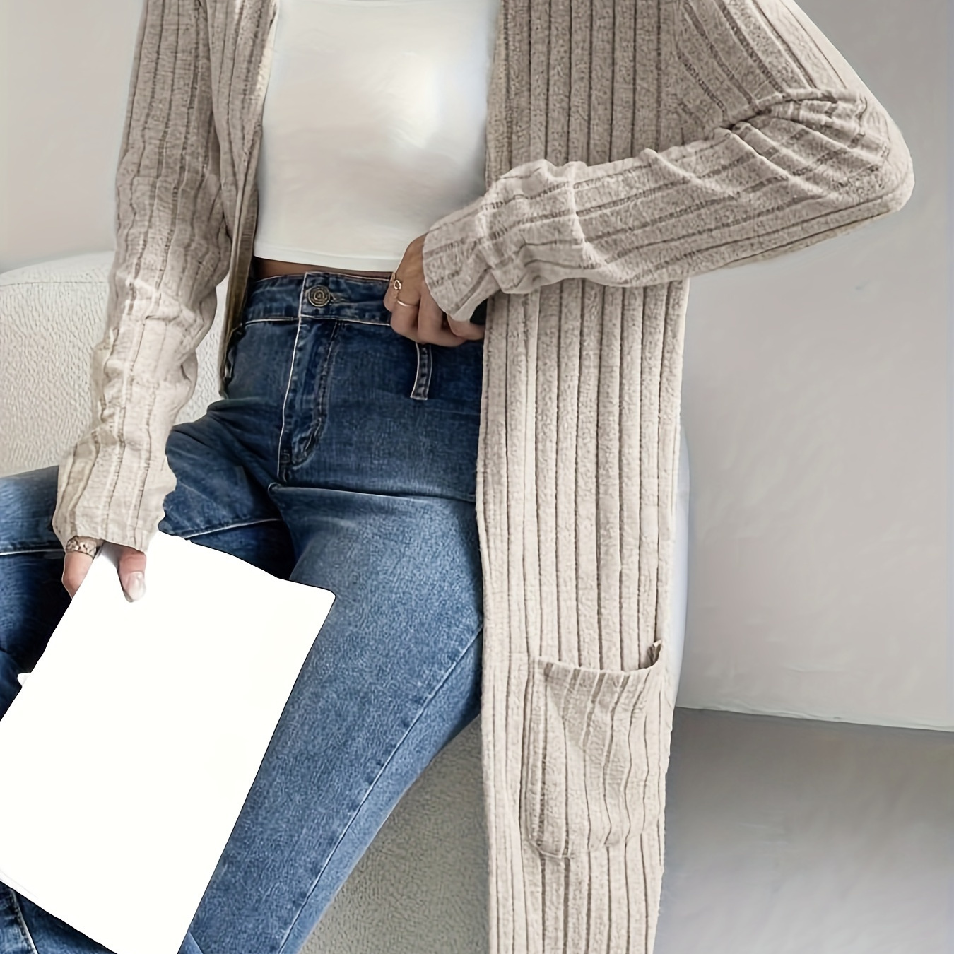 

Rib Knit Open Front Cardigan, Casual Mid Length Long Sleeve Cardigan With Pocket, Women's Clothing