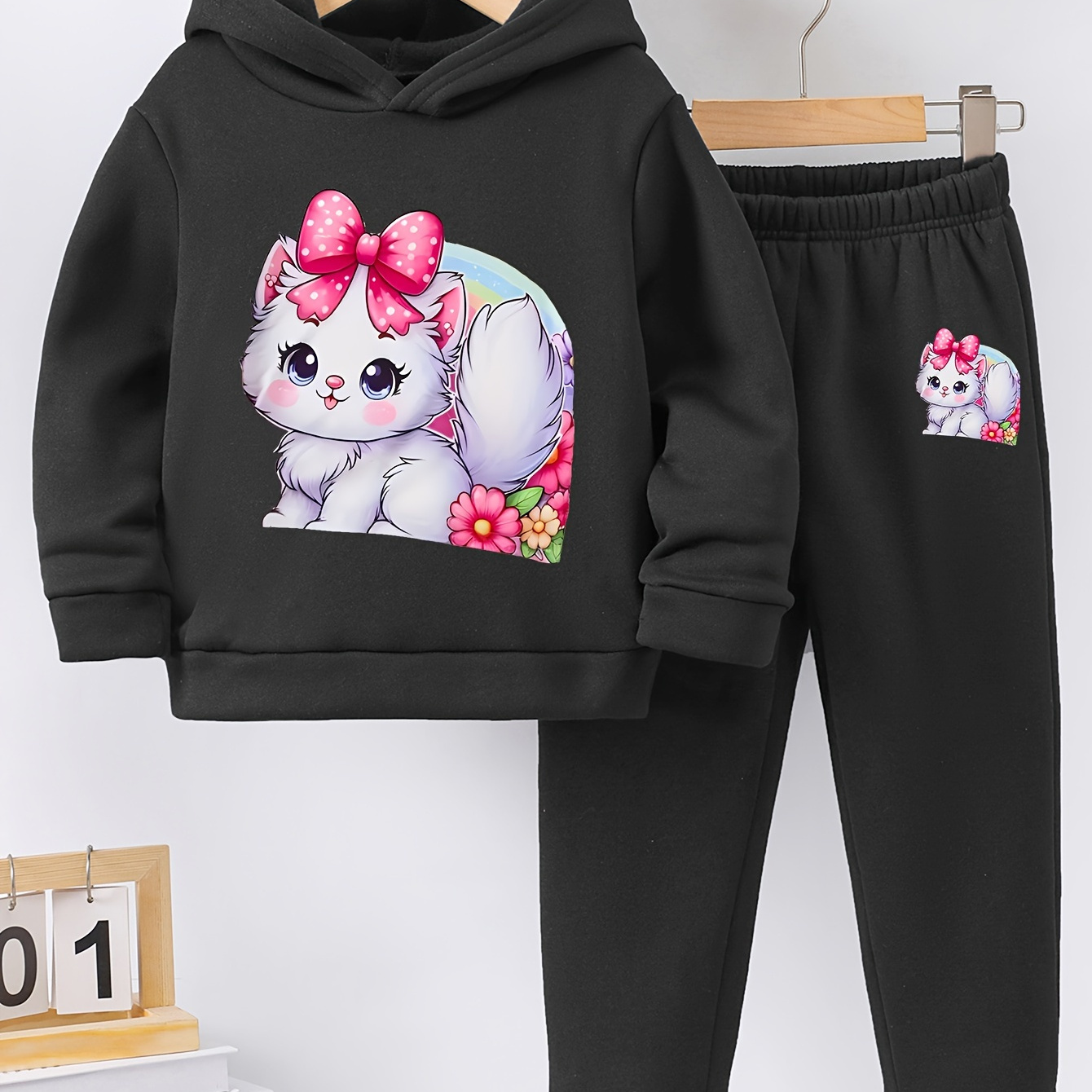 

Ensemble sweat à capuche et leggings d'hiver pour fille : polaire douce, nœud rose et motif chat mignon