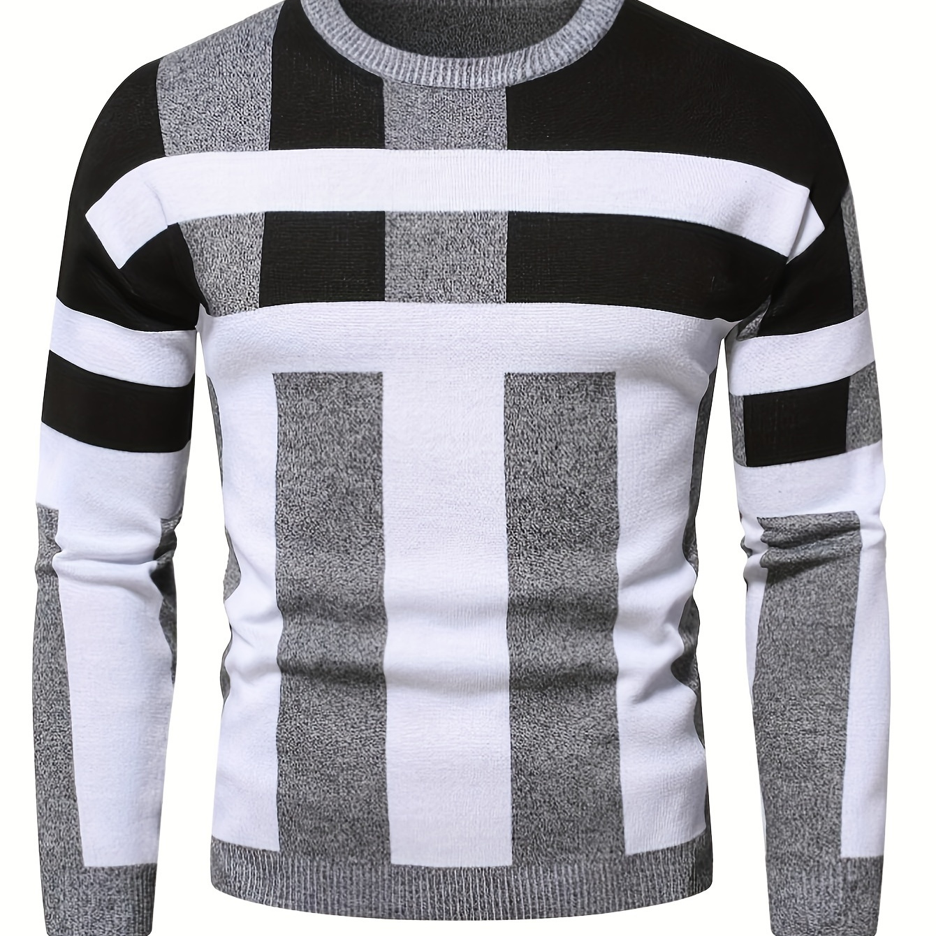 Men's Color Block Round Neck Sweater, Trendy Stretch Warm Pullover For Winter Outdoor