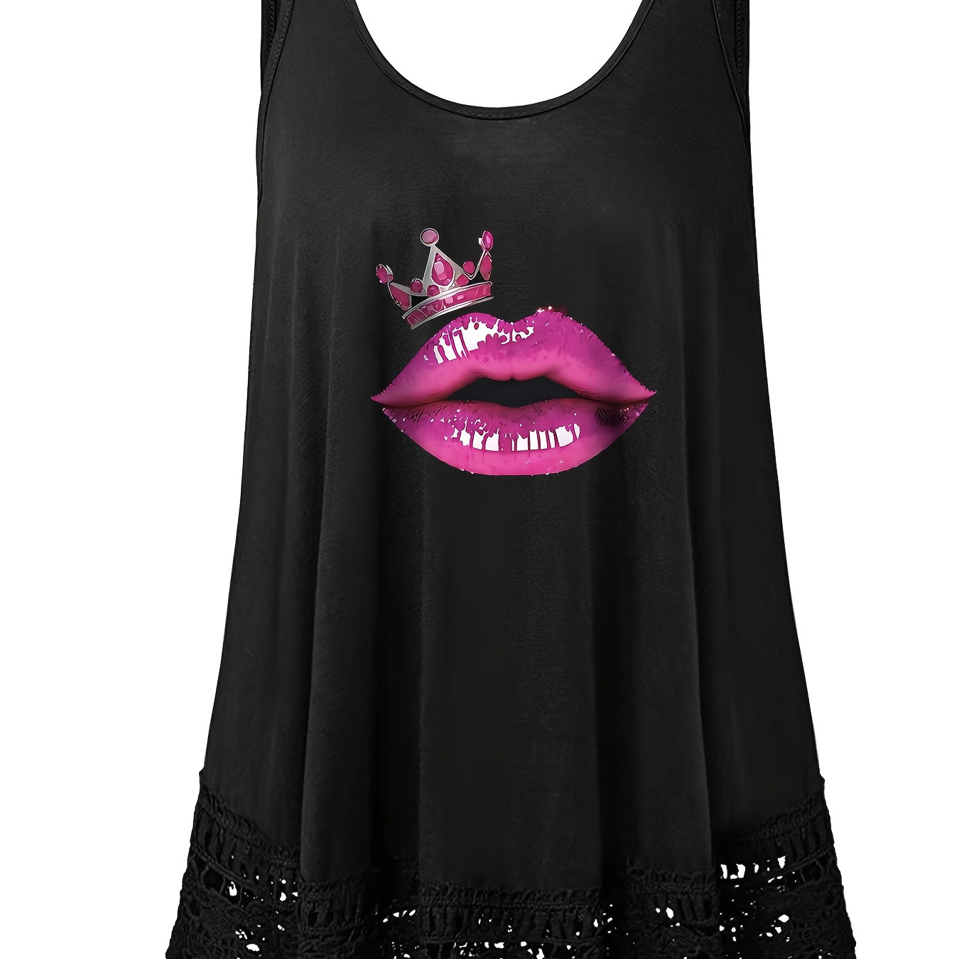 

Plus Size Lip & Crown Print Tank Top, Casual Lace Stitching Sleeveless Crew Neck Top For Spring & Summer, Women's Plus Size Clothing