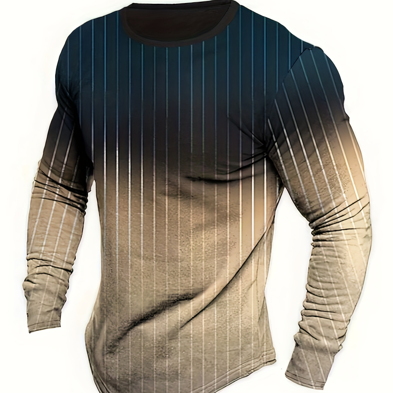 

Fashion Striped & Gradient Men's Long Sleeve Crew Neck T-shirt, Male Spring Fall Daily Top