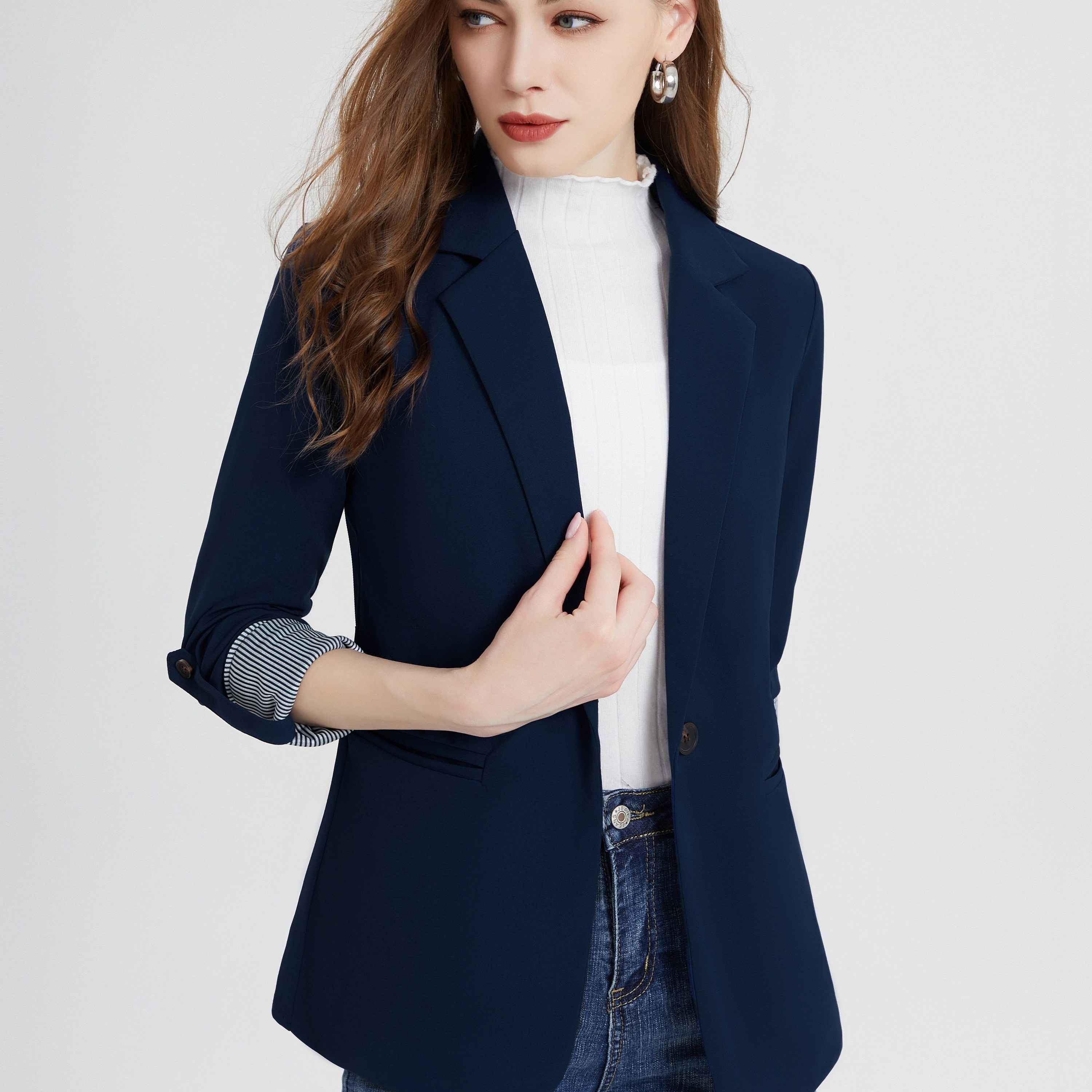 V-neck Pocket Basic Blazer Coat, Casual Long Sleeve Fashion Loose Blazer Outerwear, Women's Clothing