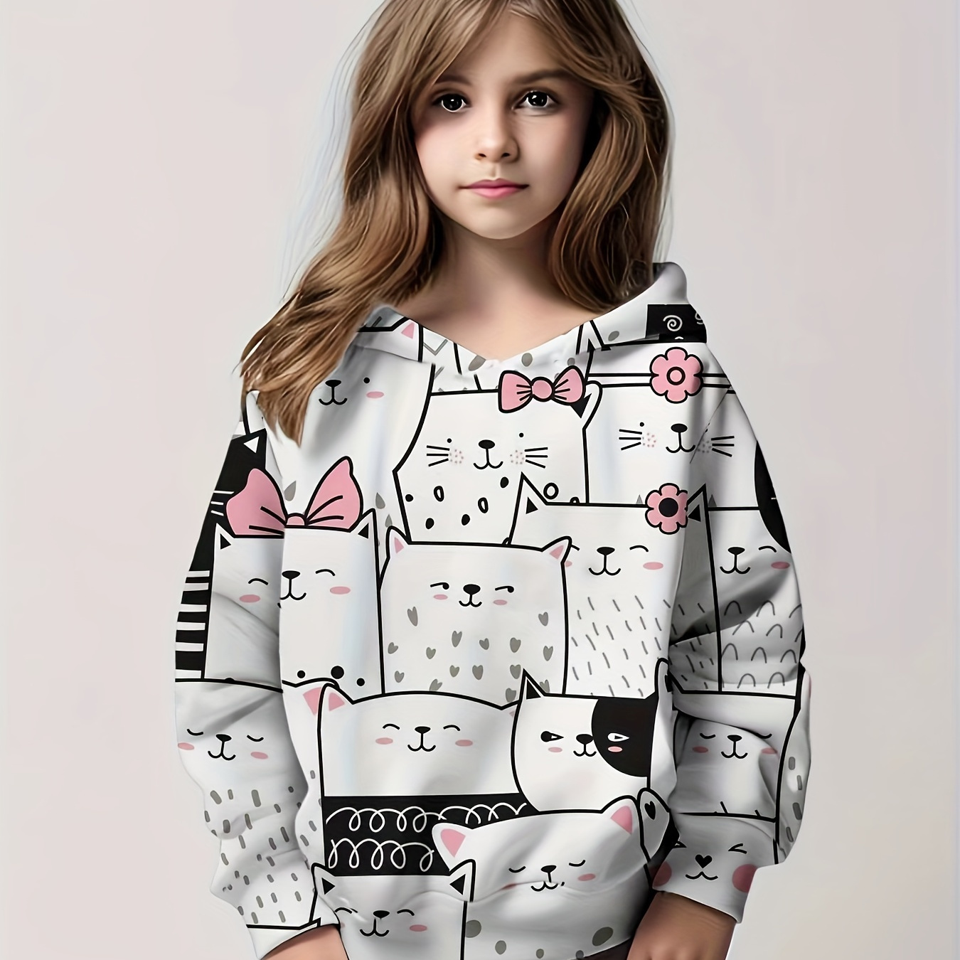 

Cute Cartoon Cat Graphic Long Sleeve Hoodie Girls Cute Comfy Hooded Pullover Outdoor Gift