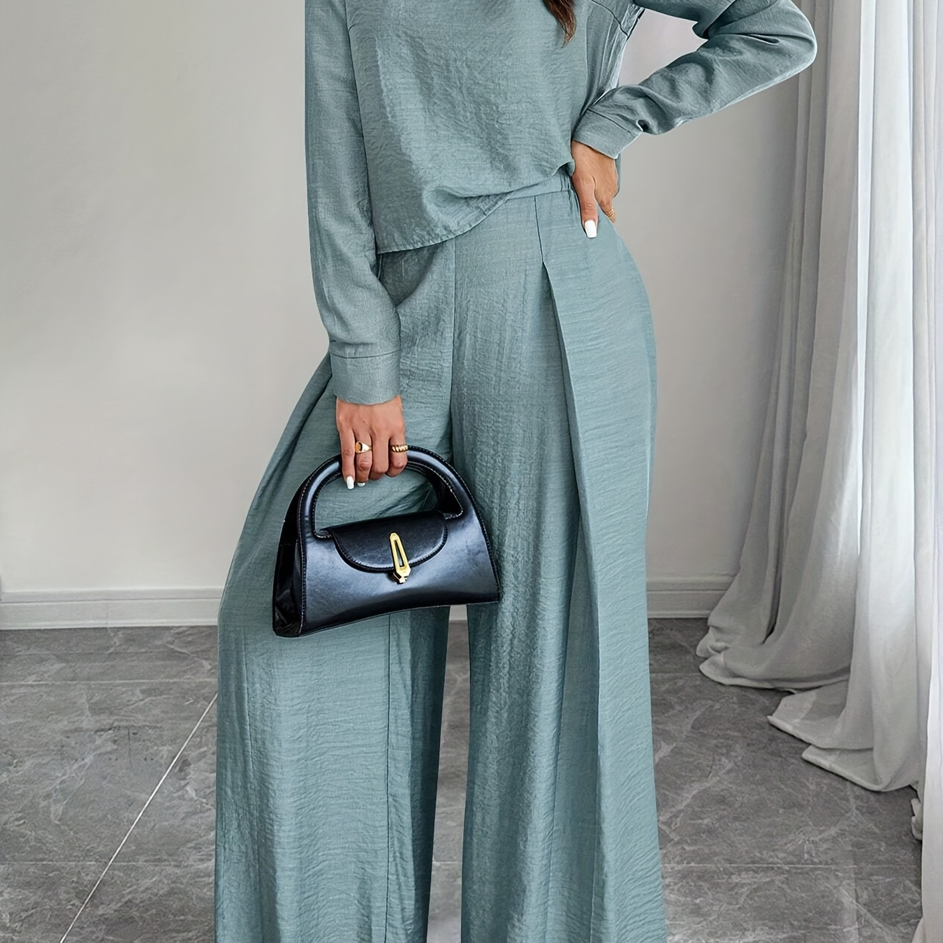 

Elegant Women'-piece Outfit Set - Solid Color, Crew Neck Top & Wide-leg Pants, Machine Washable - Spring/fall