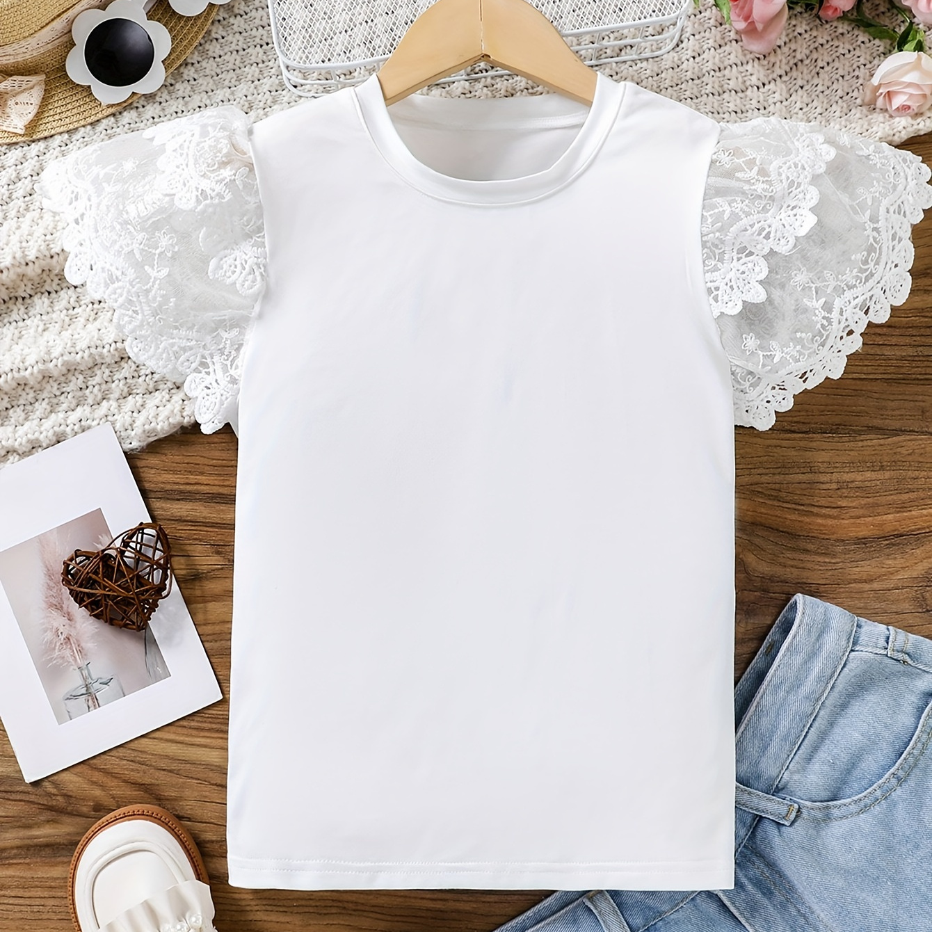

Knit Solid Color Lace Trim Short Sleeve Crew Neck T-shirt For Girls, Casual Comfy Breathable Summer Tee Top Versatile Gift