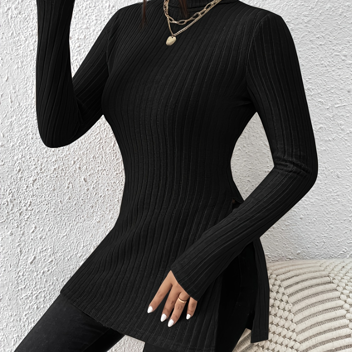 

Turtleneck Ribbed Split T-shirt, Elegant Long Sleeve Solid T-shirt, Women's Clothing