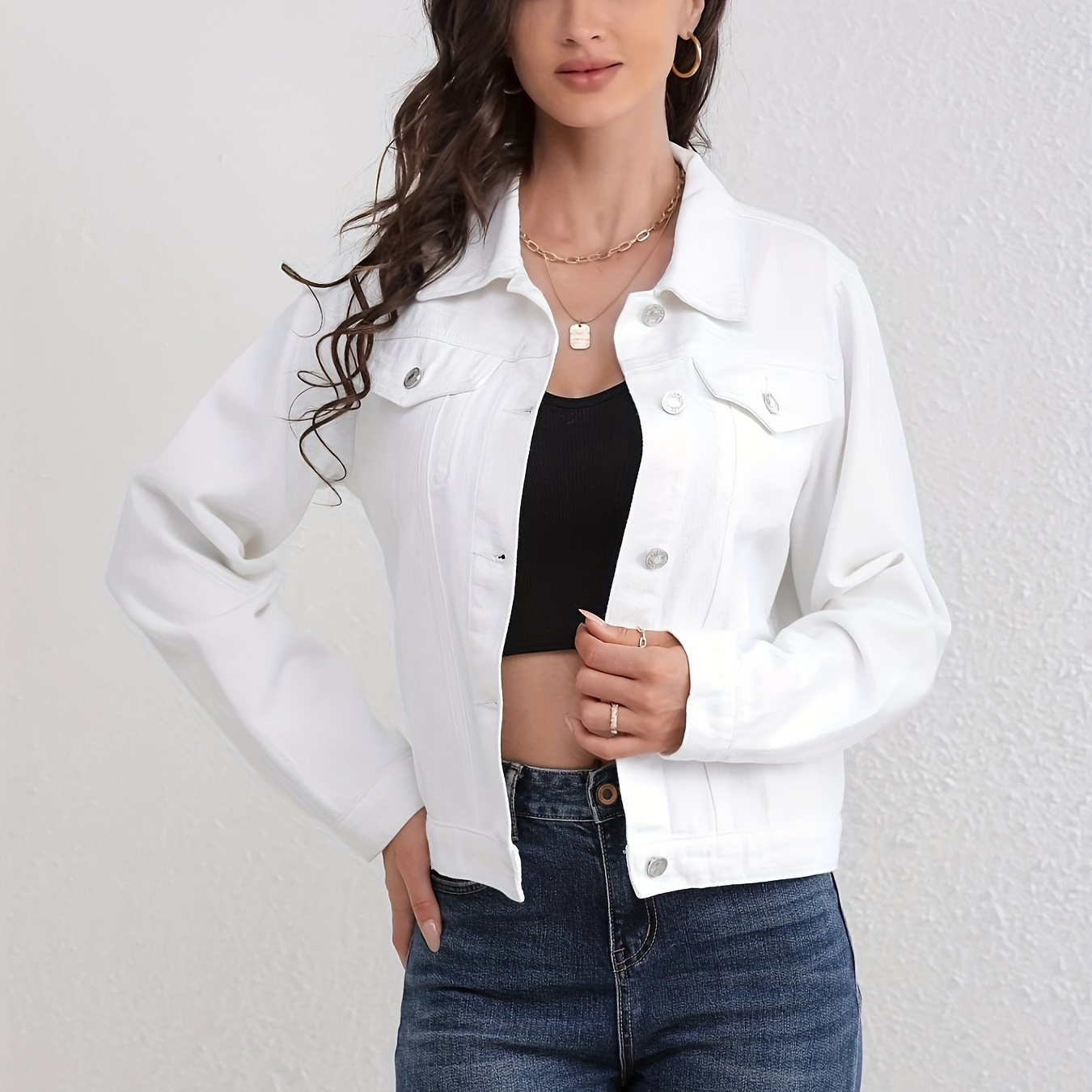 

Plain White Long Sleeve Casual Style Flap Pocket Denim Jacket Top, Women's Denim Jeans & Clothing