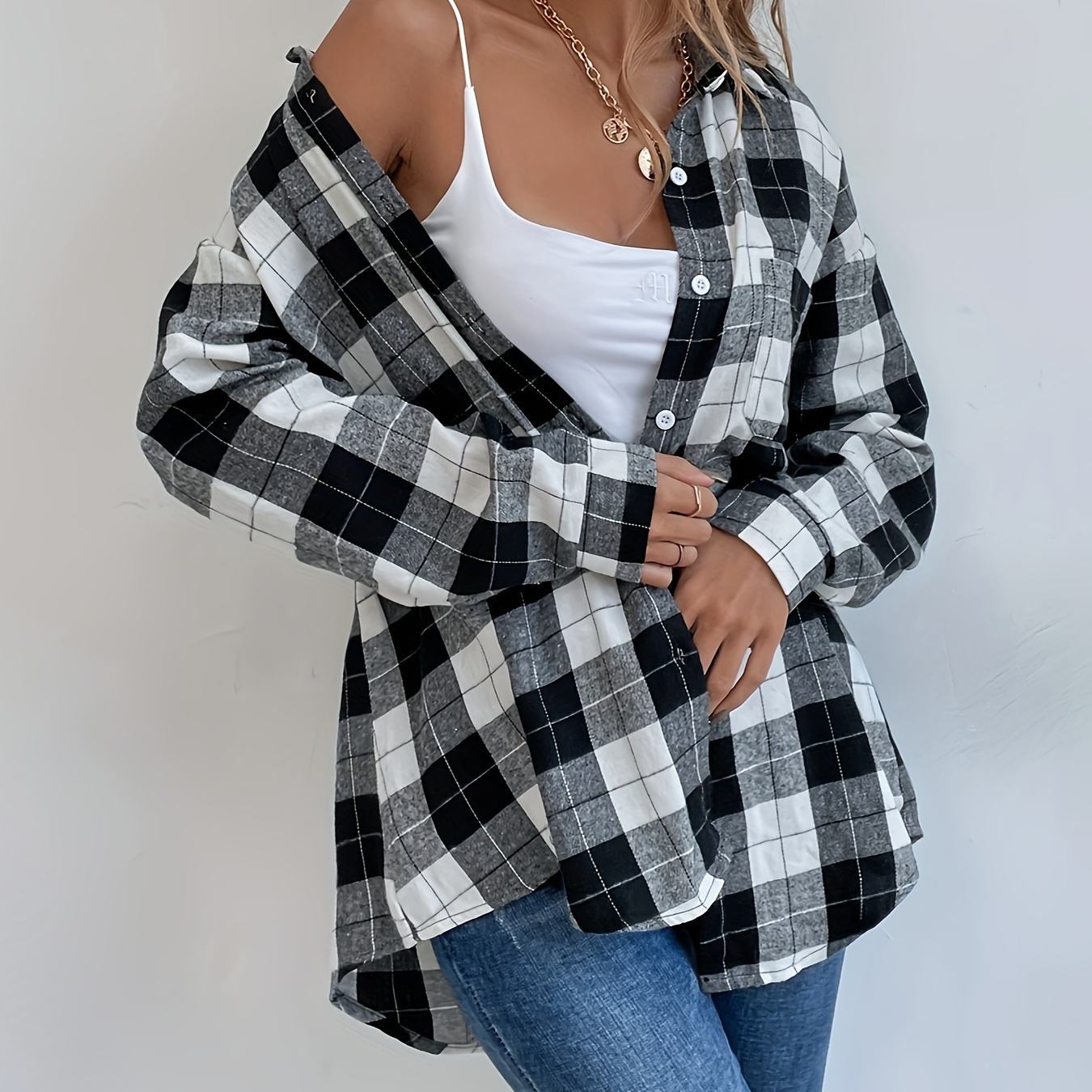 

Plaid Pattern Button Front Shirt, Casual Long Sleeve Shirt For Spring & Fall, Women's Clothing