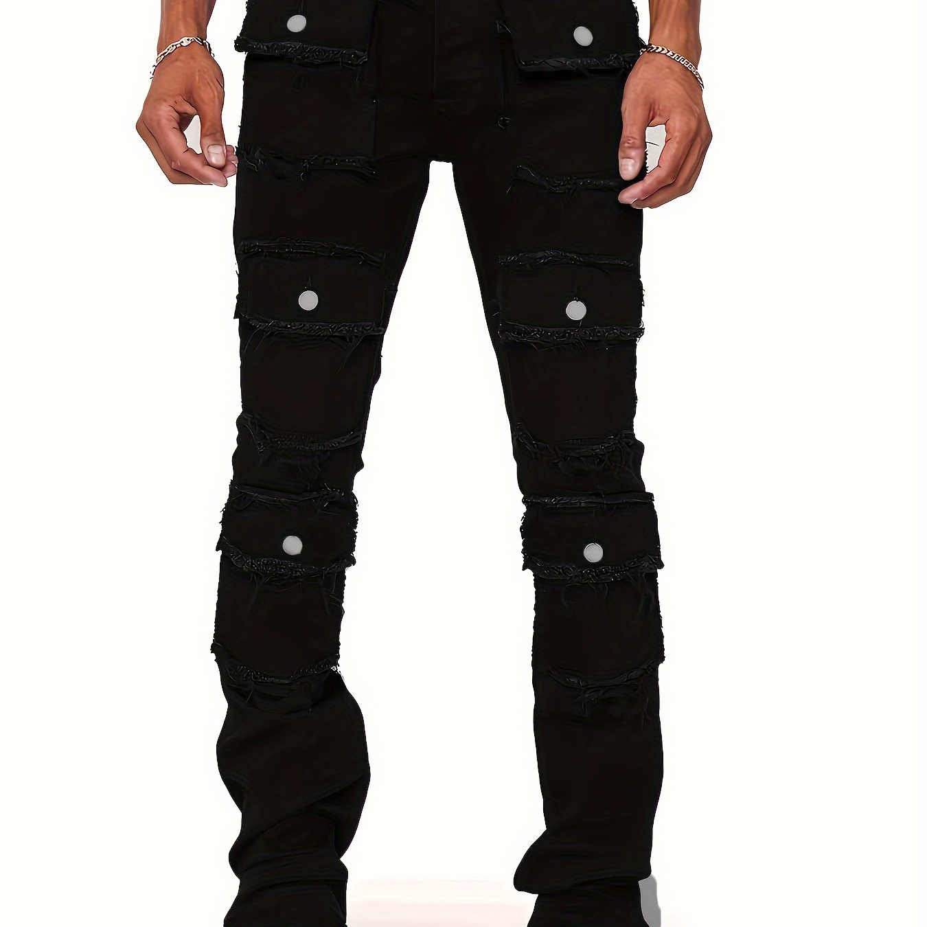 

Men's Plus Size Multi-pocket Stretch Cotton Denim Jeans, Comfort Fit Cargo Style Pants With Distressed Detail