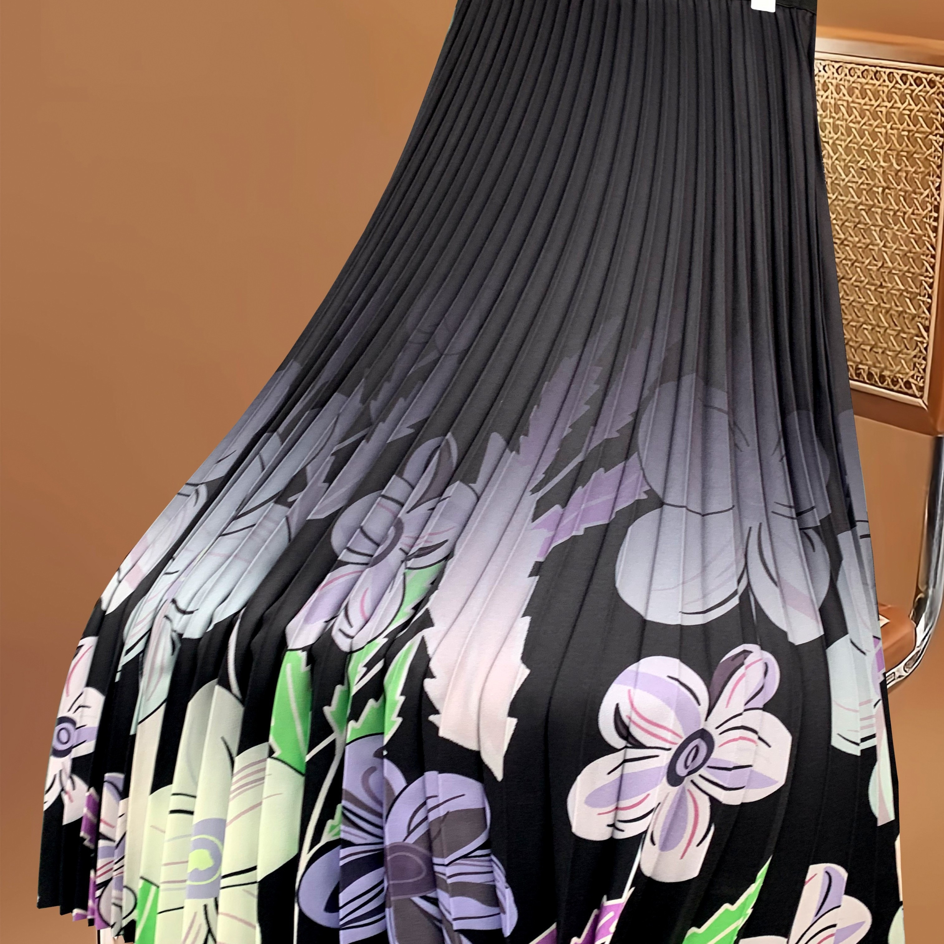 

Flower Print Pleated Long Dance Skirt, Slight Stretch Dance Maxi Skirt, Women's Activewear