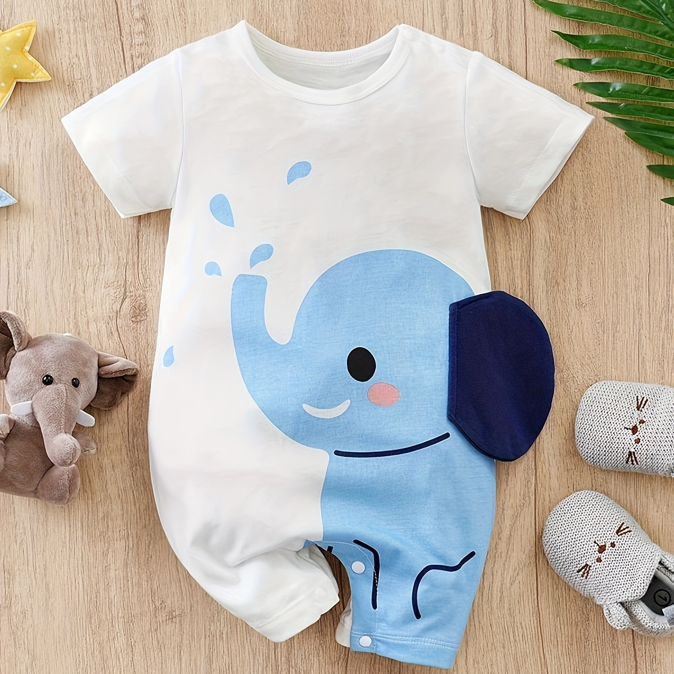 

Baby Boys Infants Cartoon Elephant Pattern Romper, 100% Cotton Short Sleeve Comfortable Onesie, Perfect For Summer