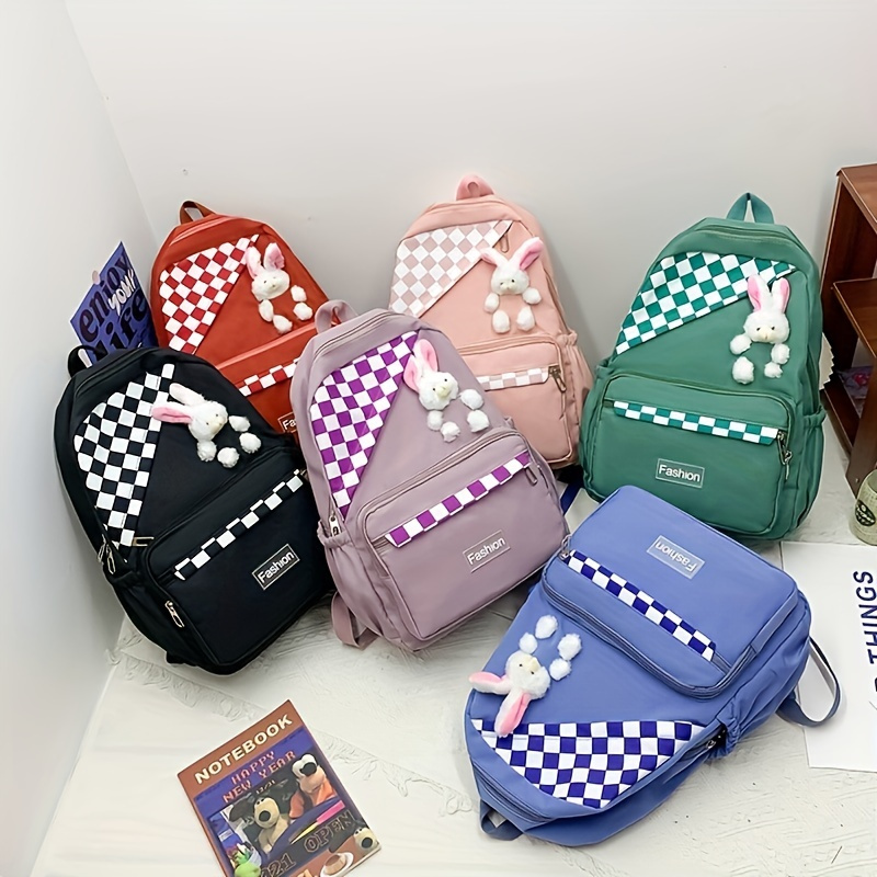 New Four-piece Student Schoolbag Casual Travel Backpack Shoulder Backpack  Fashion Plaid Bag, No Hanging Ornaments - Temu