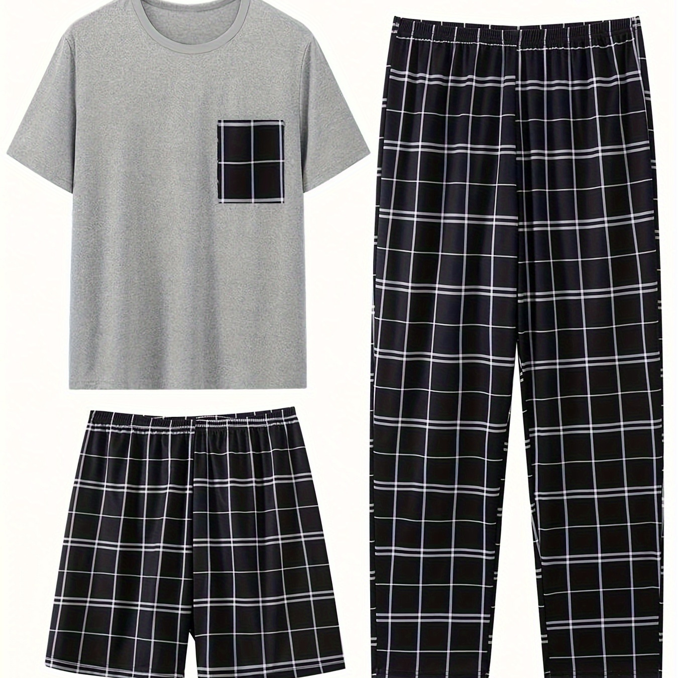 

3pcs Men's Comfortable Pajama Set - Short Sleeve, Round Neck Tee With Pocket, Waist Shorts & Pants In , Soft Polyester , Machine Washable Loungewear