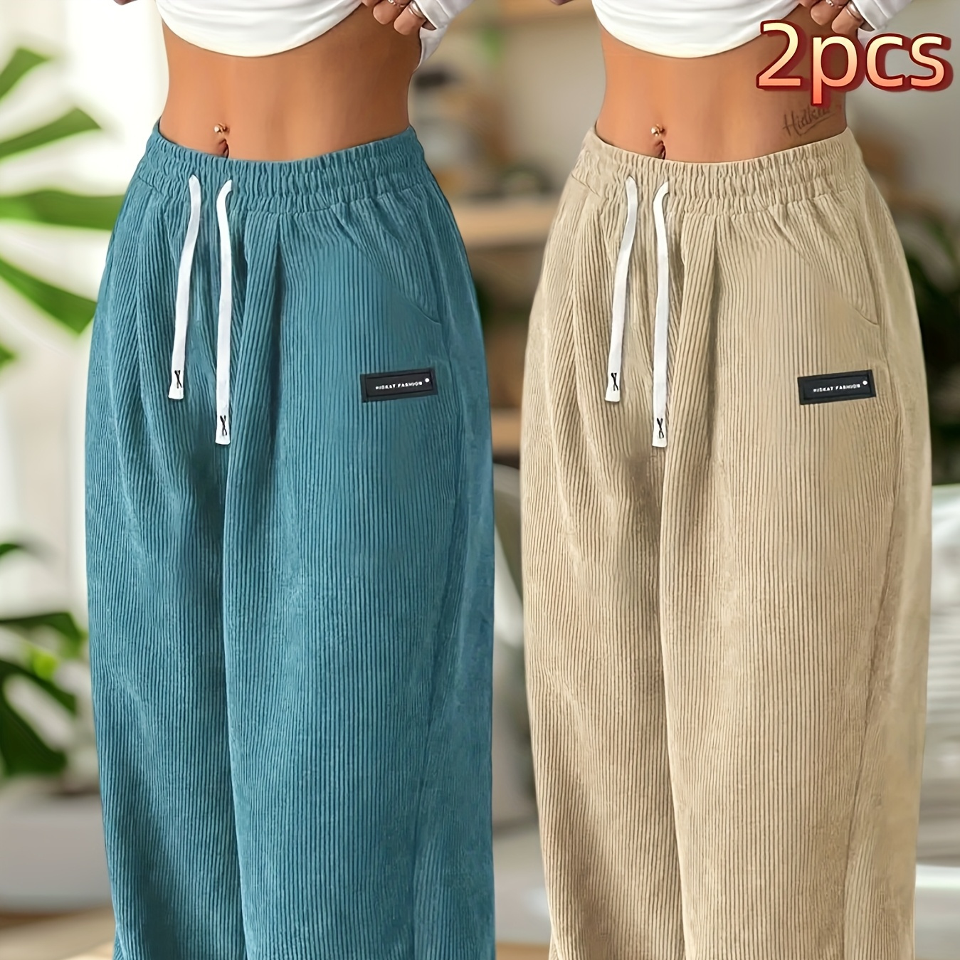TEMU New Women's Corduroy Sports Casual Pants In A 2pcs Set, Featuring A Solid Color, Drawstring Pocket, Breathable Fabric, And, Wear