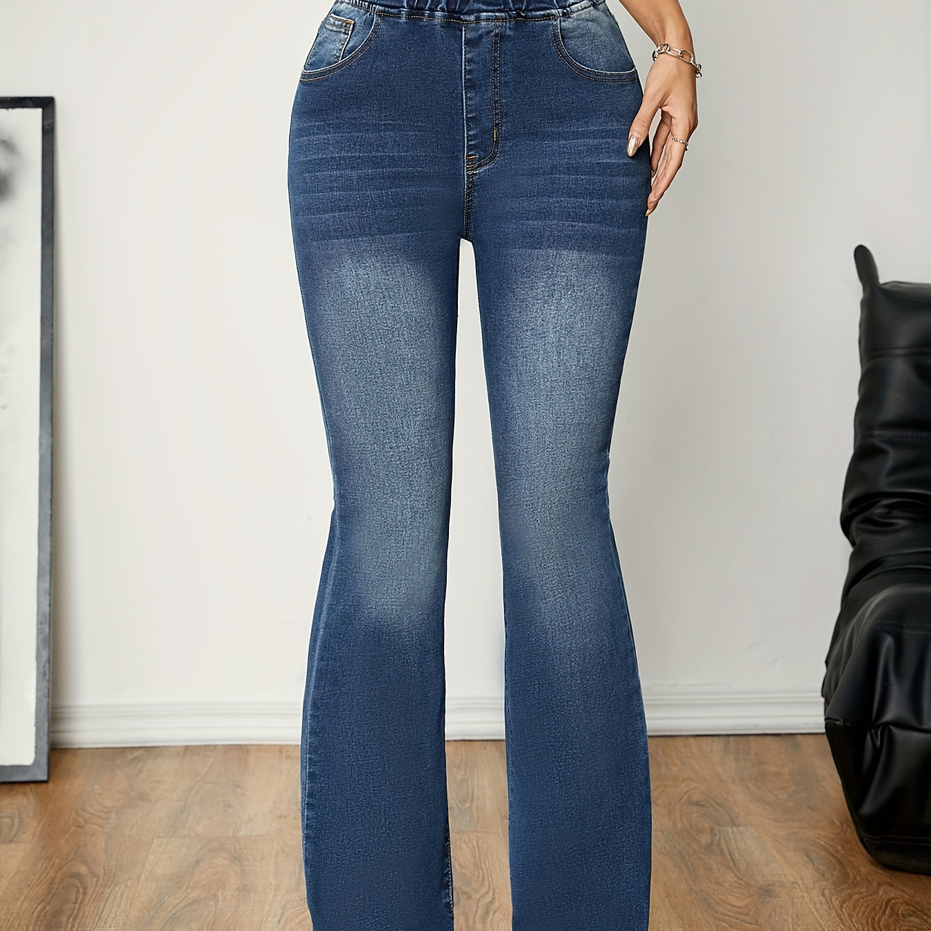 

Elastic Waistband Flare Leg Washed Blue Casual Style Denim Pants, Women's Denim Jeans & Clothing