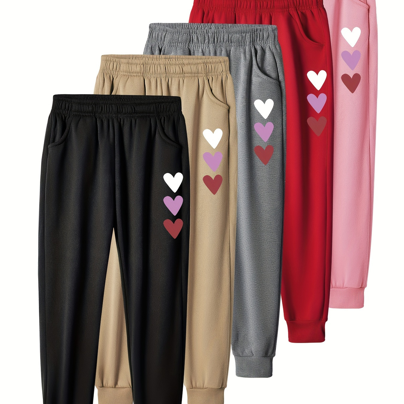 

5PCS Ensemble de pantalons de survêtement molletonnés imprimés de cœurs chauds et confortables pour filles pour le printemps et l'automne en plein air