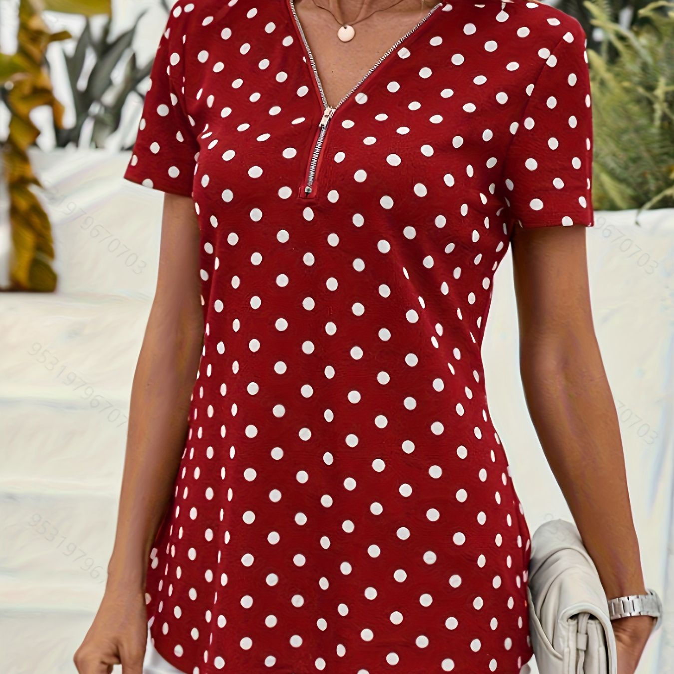 

Polka Dots Print V Neck Blouse, Elegant Short Sleeve Zipper Blouse For Spring & Summer, Women's Clothing