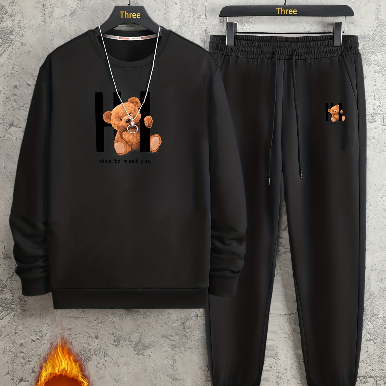 

Teddy Bear Print, Men's 2pcs Outfits, Casual Crew Neck Long Sleeve Pullover Sweatshirt And Drawstring Sweatpants Joggers Set For Spring Fall, Men's Clothing