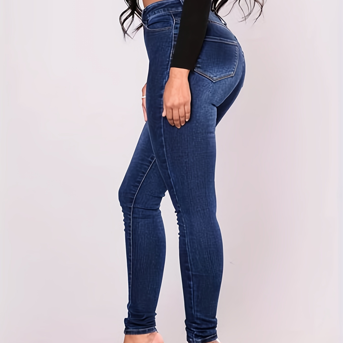 

Dark Blue Casual Skinny Jeans, Slim Fit Slash Pockets High-stretch Denim Pants, Women's Denim Jeans & Clothing