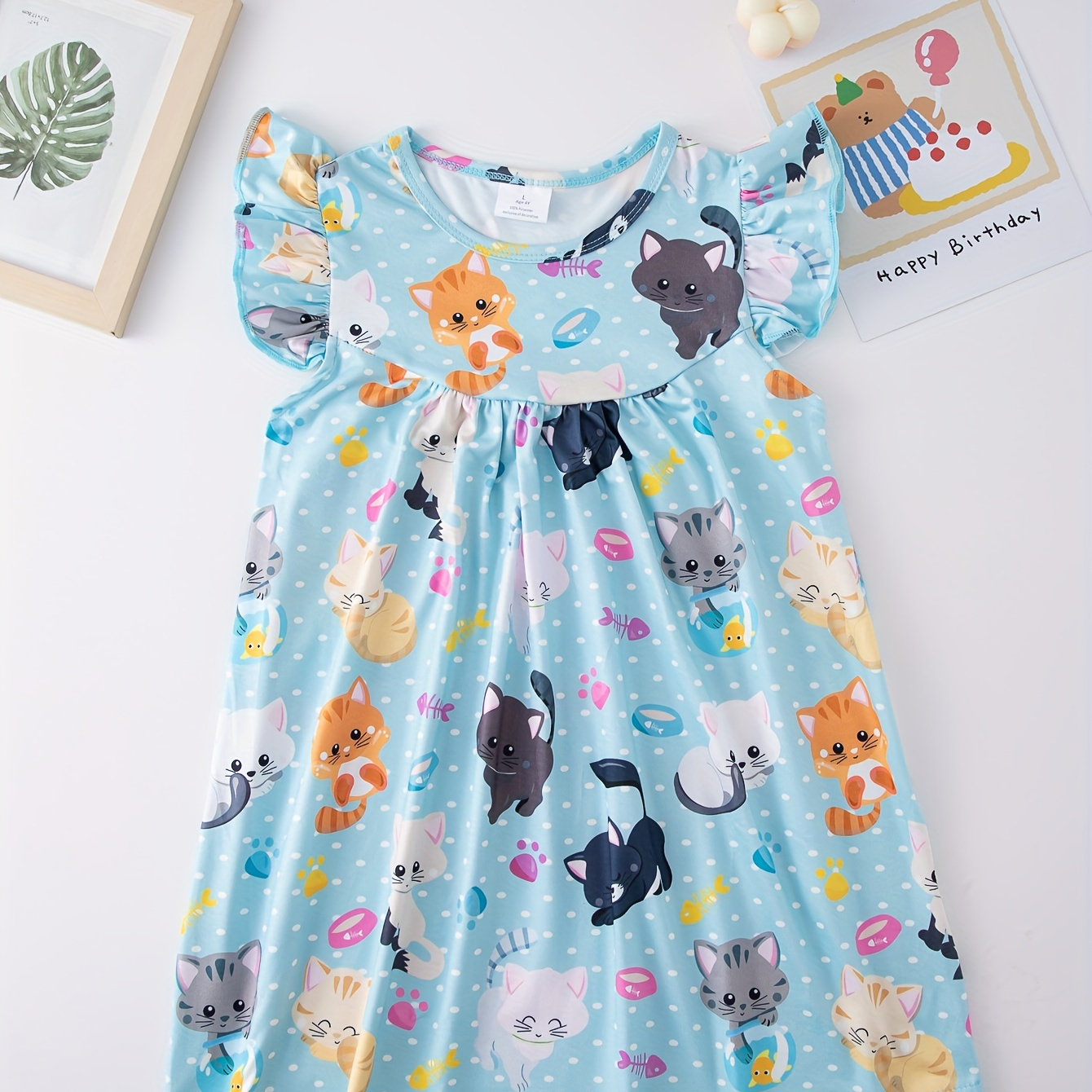 

Girls Kitty Graphic Flutter Trim Dress Cute Dresses Summer Clothes Gift