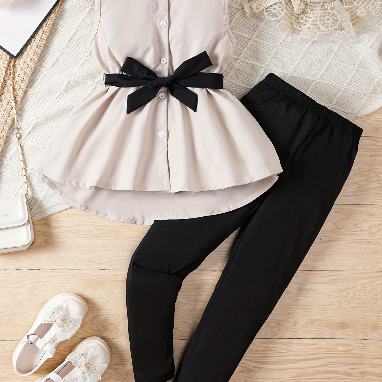 

2pcs Elegant Sleeveless Lapel Shirt Top + Pants Set For Girls Summer Gift