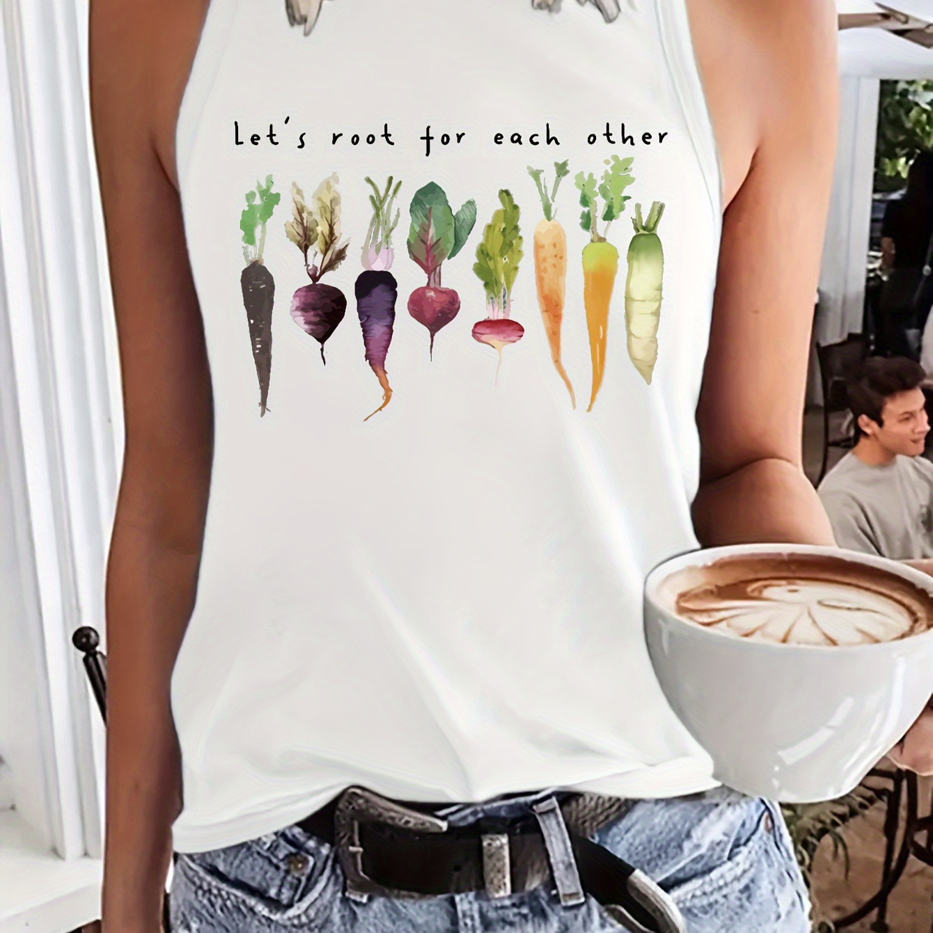 

Women's Plant Applique Tank Top, Sleeveless Crew Neck Vest, 95% Polyester 5% Elastane, Medium Stretch Knit Fabric, Regular Length, Summer/spring/fall Casual Wear