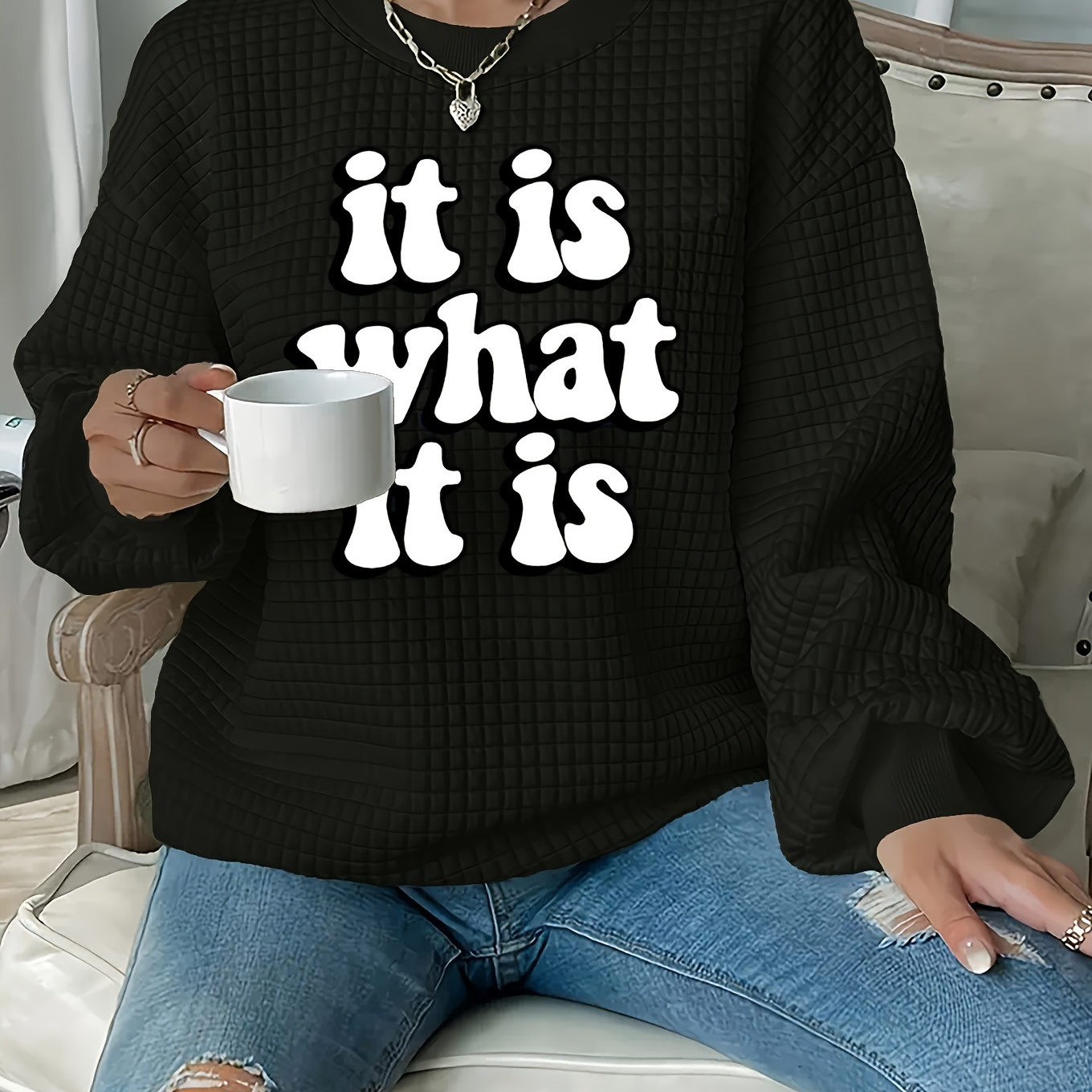 

Plus Size It Is What It Is Print Pullover Sweatshirt, Casual Waffle Knit Long Sleeve Crew Neck Sweatshirt For Fall & Spring, Women's Plus Size Clothing