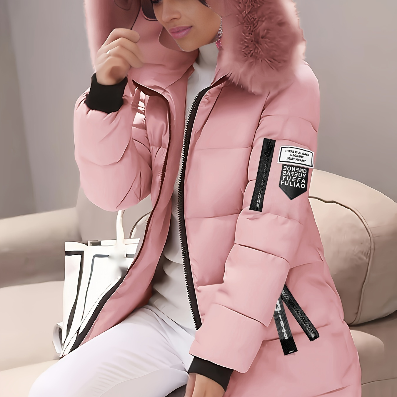 

Women's Long-length Casual Polyester Padded Jacket Coat With Detachable Faux Fur Hood, Zipper Detail, Woven Non-stretch Fabric, Solid Color, Regular Sleeve - 100% Polyester