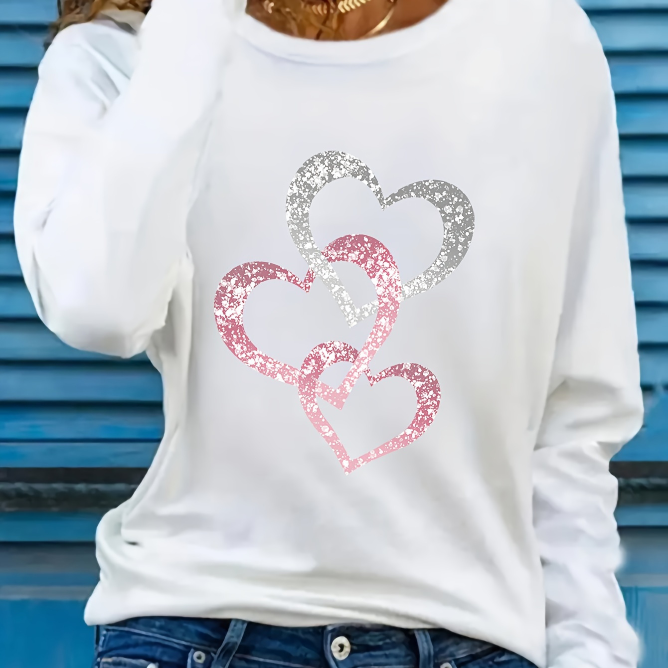 

Heart Graphic Print T-shirt, Long Sleeve Crew Neck Casual Top For Spring & Fall, Women's Clothing