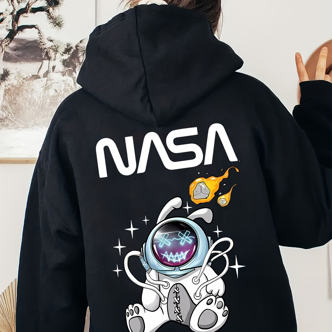 

Astronaut Print Hoodie, Drawstring Casual Hooded Sweatshirt For Fall & Spring, Women's Clothing