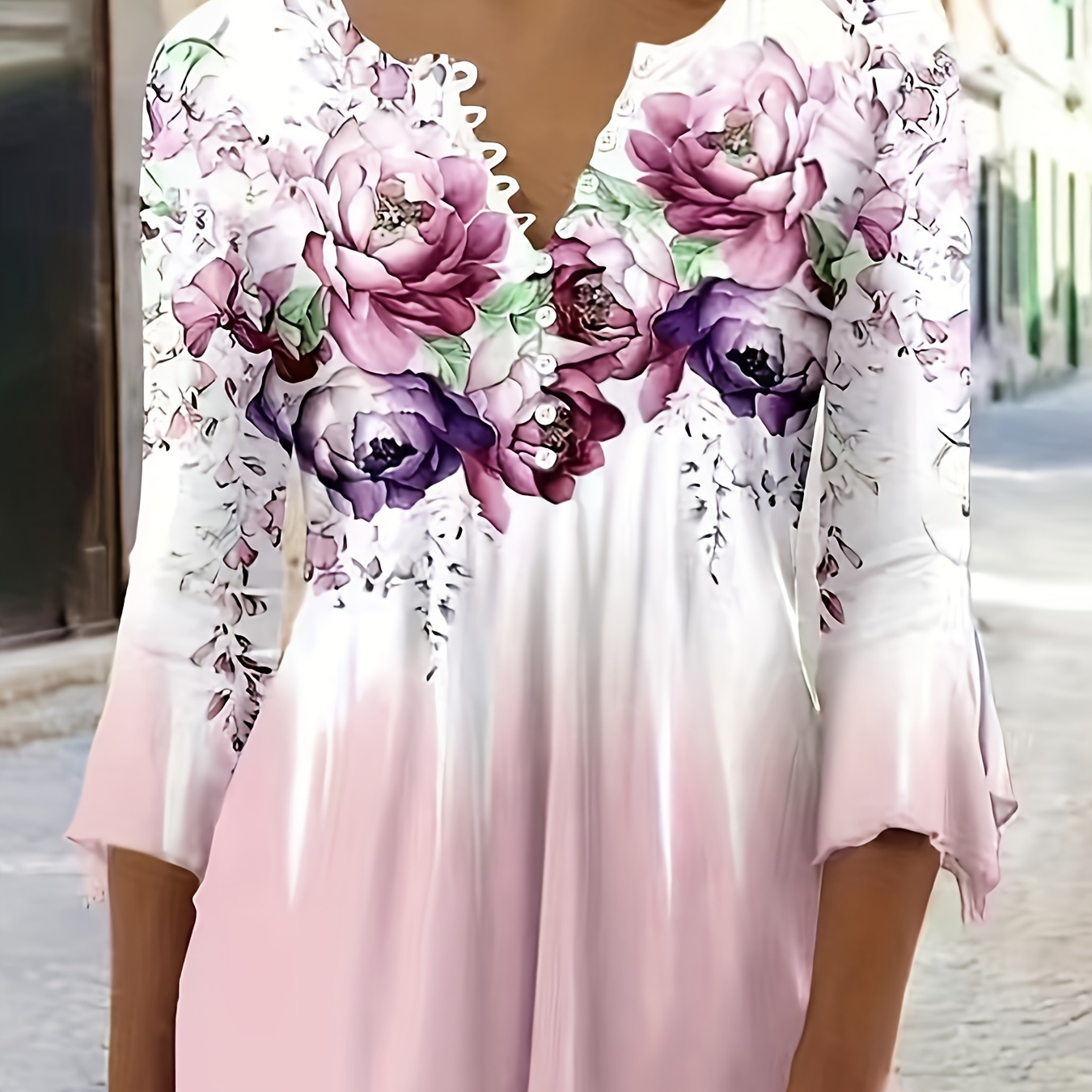 

Plus Size Floral Print Gradient Top, Casual Button Front Flared Sleeve Notched Neck Top, Women's Plus Size Clothing