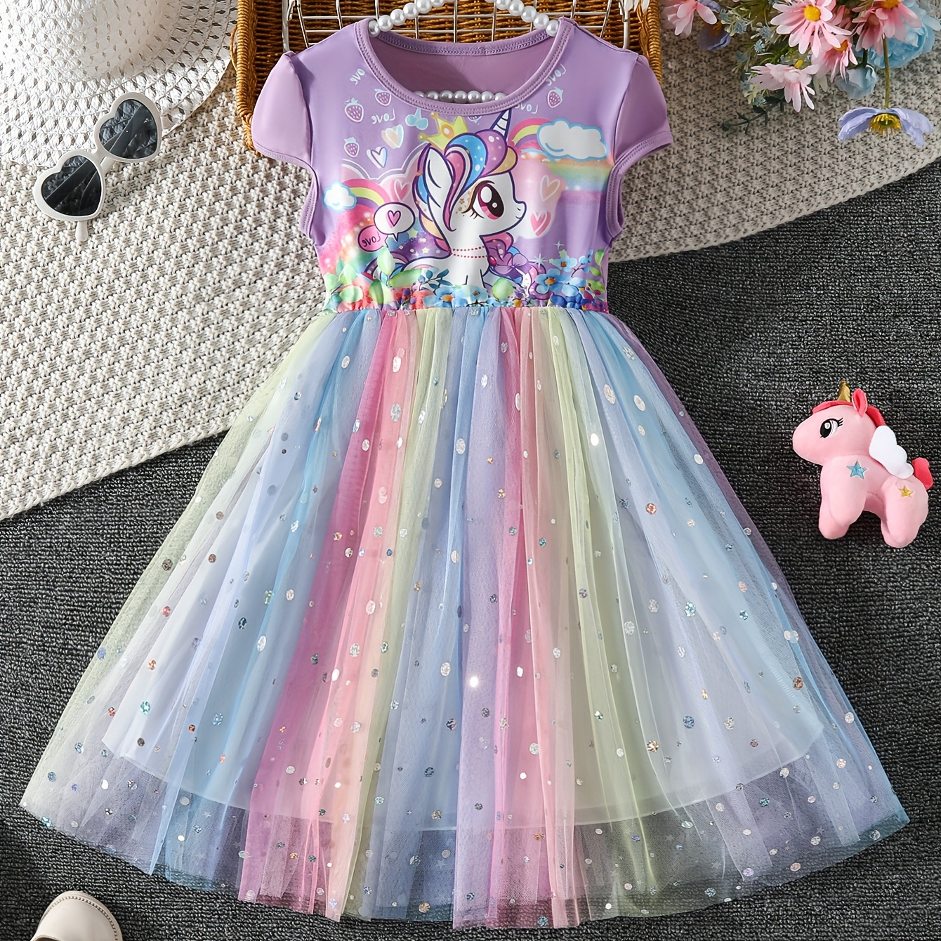 

Toddler Girls Dreamy Princess Tutu Dress Sequin Unicorn Graphic Short Sleeve Mesh Dress Summer Clothes Gift