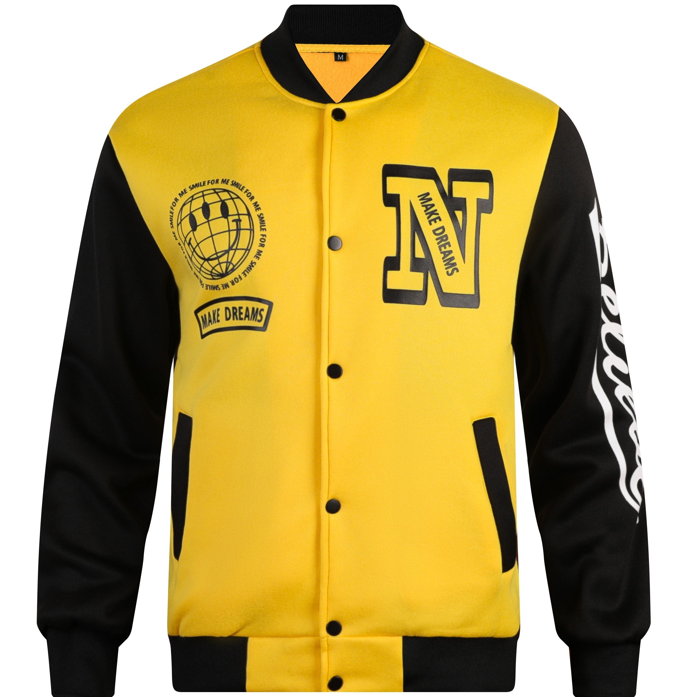 Globe Print Varsity Jacket, Men's Casual Color Block Button Up Jacket For Spring Fall School Baseball