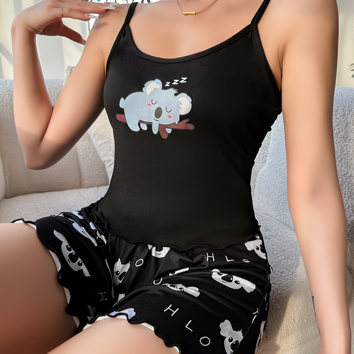 

Koala Print Cami Pajama Set, Cute & Comfort Fungus Trim Cami Top & Loose Shorts, Women's Lingerie & Sleepwear