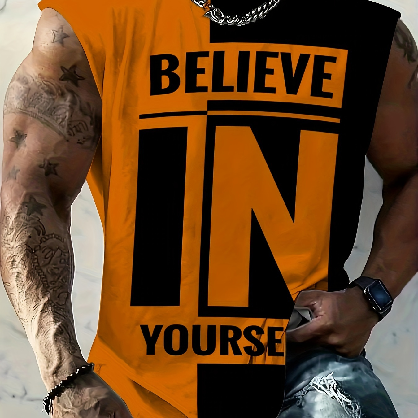 

Men's Color Sleeveless T-shirt, Neck Vest Top For Summer Outdoor Sports, Plus Size