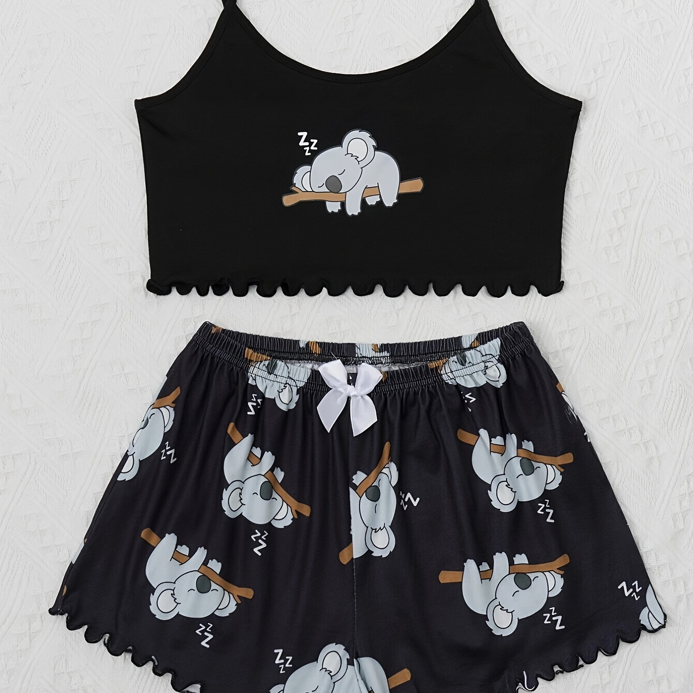 

Cute Koala Print Pajama Set, Lettuce Trim Cami Top & Elastic Bow Shorts, Women's Sleepwear & Loungewear